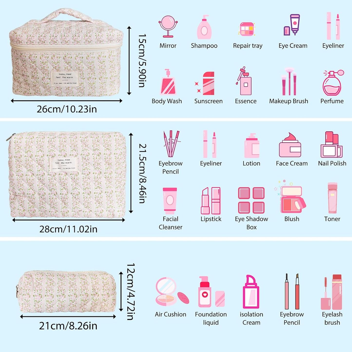 Quilted Makeup Bag, Large Capacity Travel Cosmetic Bag for Women and Girls, Aesthetic Storage for Daily and Travel Use (3pcs-pinkleavesflowers)