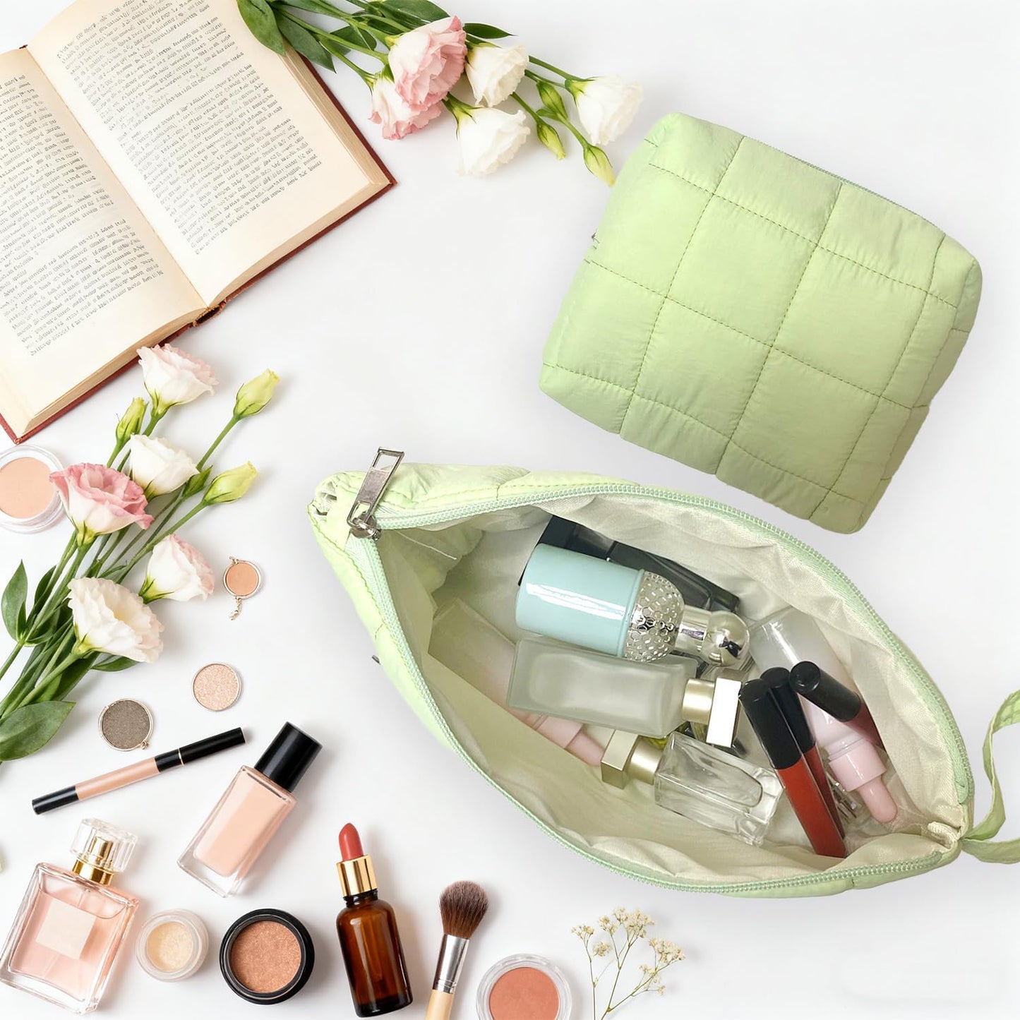 Green Puffy Puffer Makeup Bag for Purse Small Makeup Pouch Quilted Cosmetic Bag Cute Cotton Toiletry Pouch Bag for Women