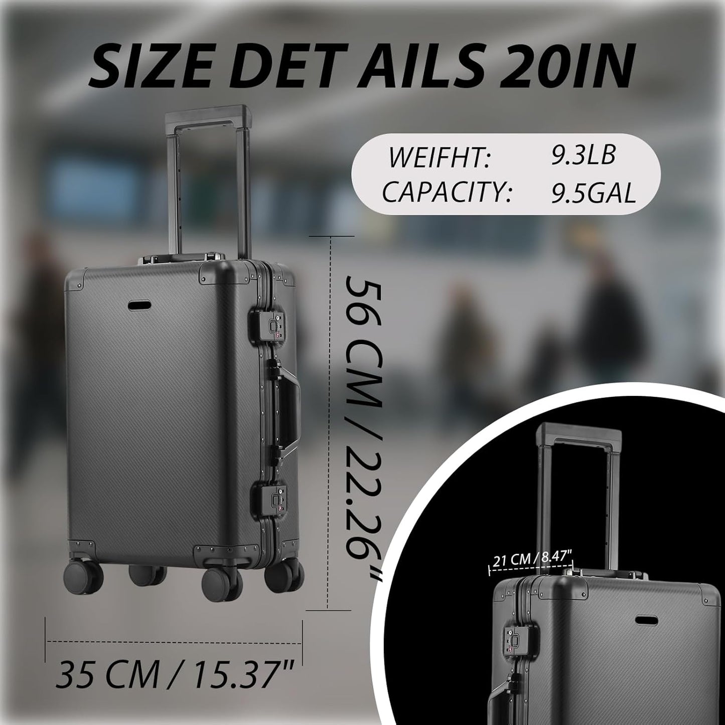 Tmore Aluminum Frame Luggage with No Need to Check in, Hardside Suitcase with Spinner Wheels, Metal Travel Luggage with Double Tsa Locks, 20 Inch, Black Small