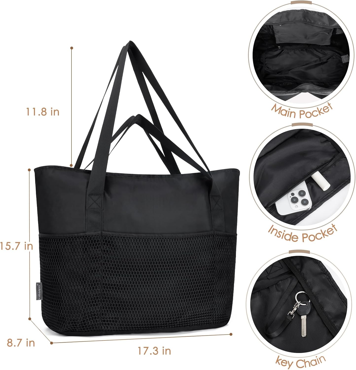 KABAQOO Large Beach Bag Waterproof Sandproof Tote Bag for Women with Zipper & Mesh Pockets for Pool Swim Travel Everyday