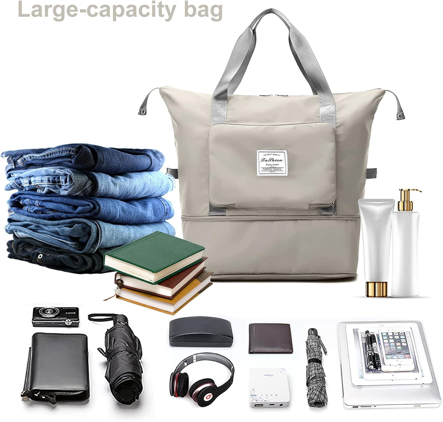 Large Capacity Folding Travel Tote Bag, Oxford Fabric Waterproof Lightweight Foldable Travel Duffel Bag, Portable Expandable Travel Bag, Dry and Wet Separation Travel Overnight Bag for Women and Men