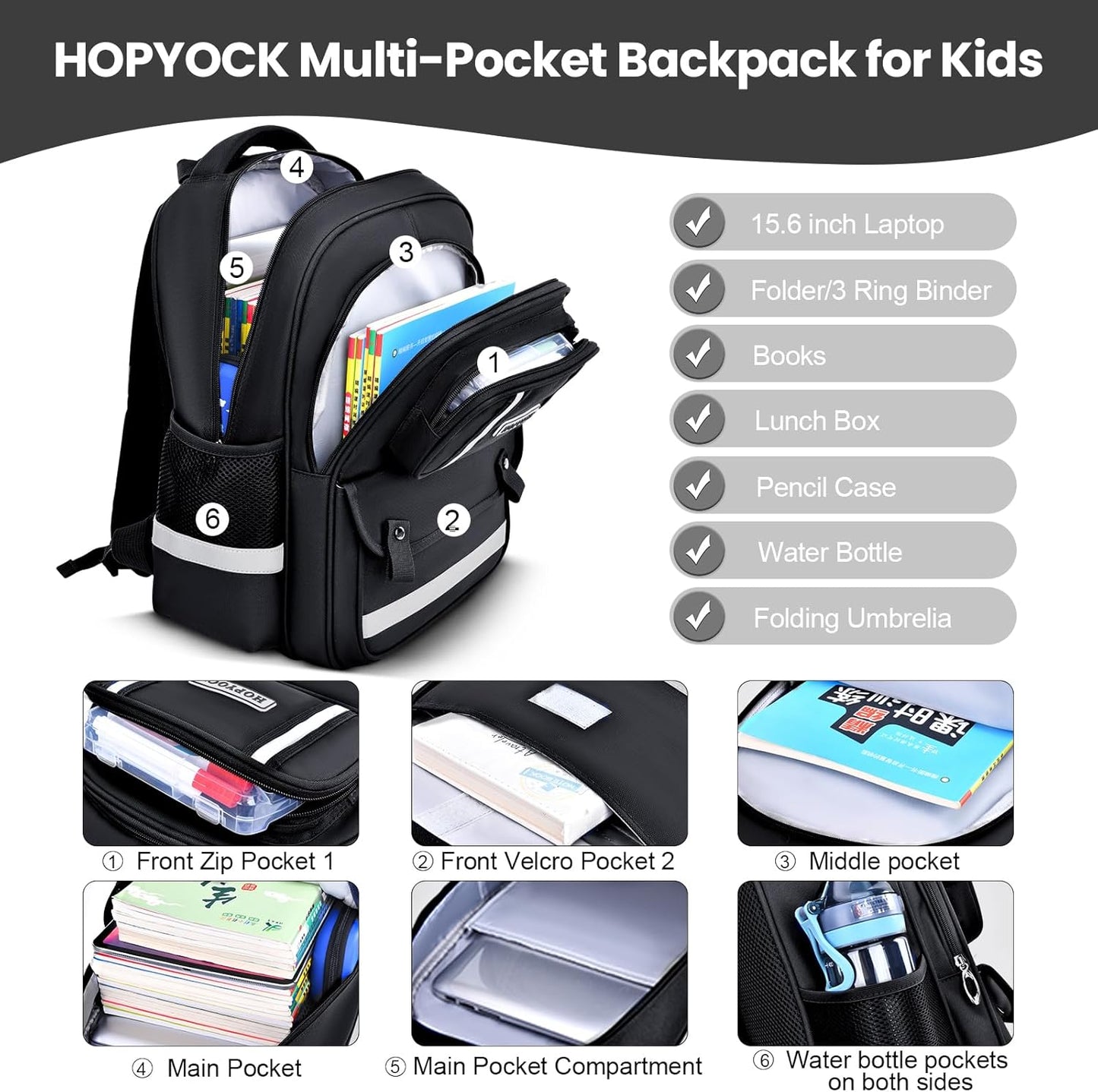 HOPYOCK-School Bags for Boys and Girls,Multi-Pocket Unisex Elementary School Backpack with