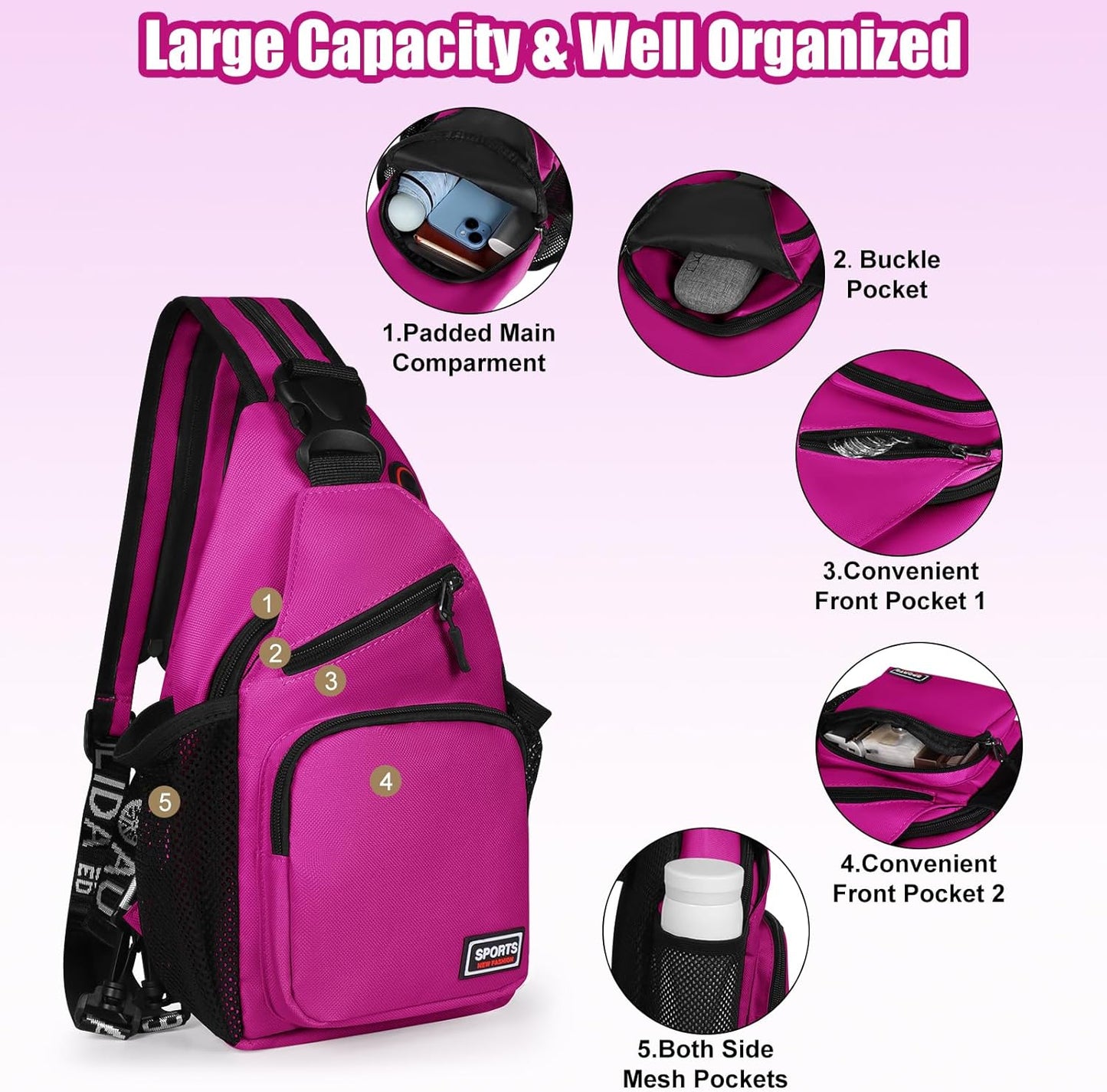 Sling Bag for Women Man Sling Backpack with Convertible Shoulder Strap Casual Backpack Daypack for Travel, Hiking and Daily Commute, (Purple, Small)