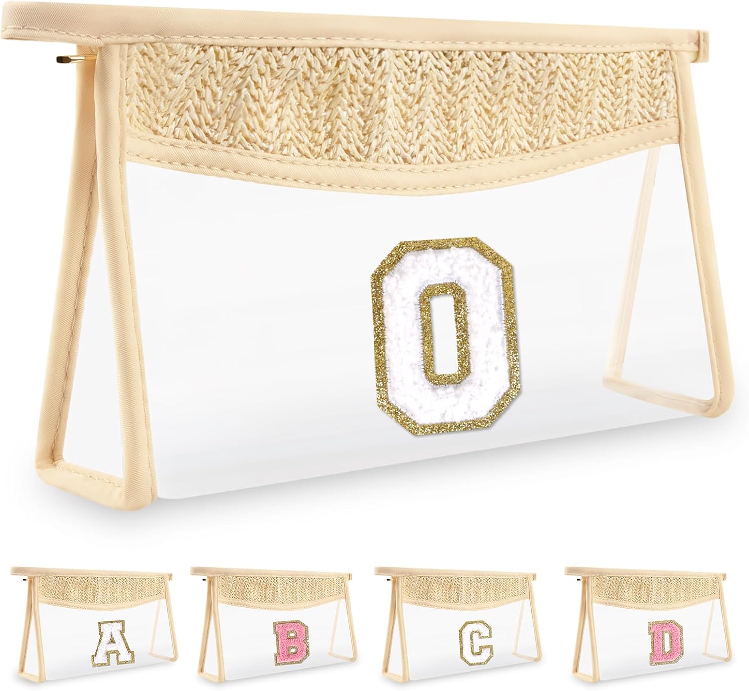 Personalized Initial Letter Bag Boho Straw Clear Makeup Bag,Small Cute Chenille Varsity Letter
