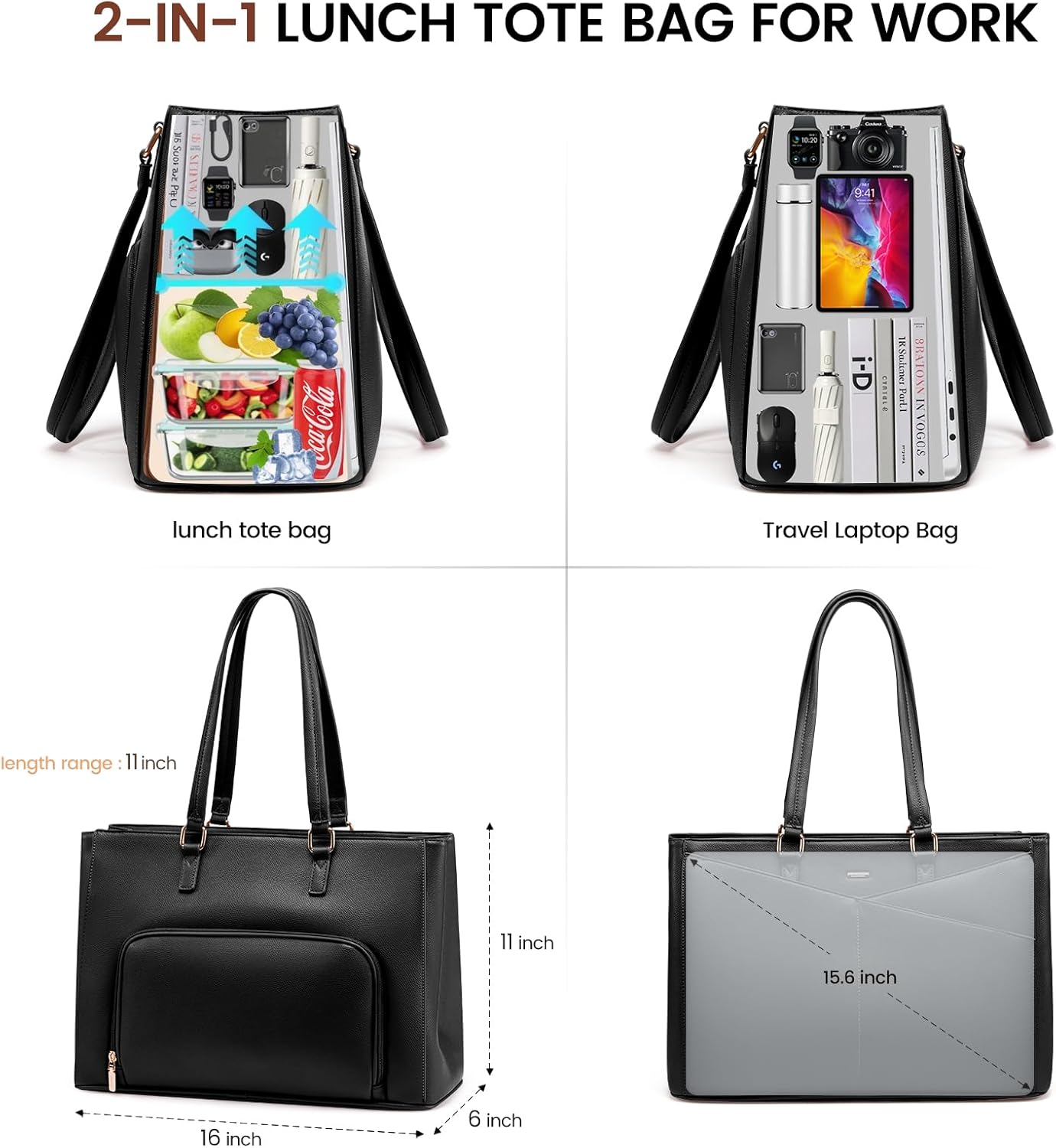LOVEVOOK Lunch Tote Bag for Women, Laptop Bag for Work with Insulated Lunch Compartment 15.6 Inch 2 in 1 Lunch Tote Large Capacity Computer Handbag for Work, Teacher, Nurse, Office, Casual