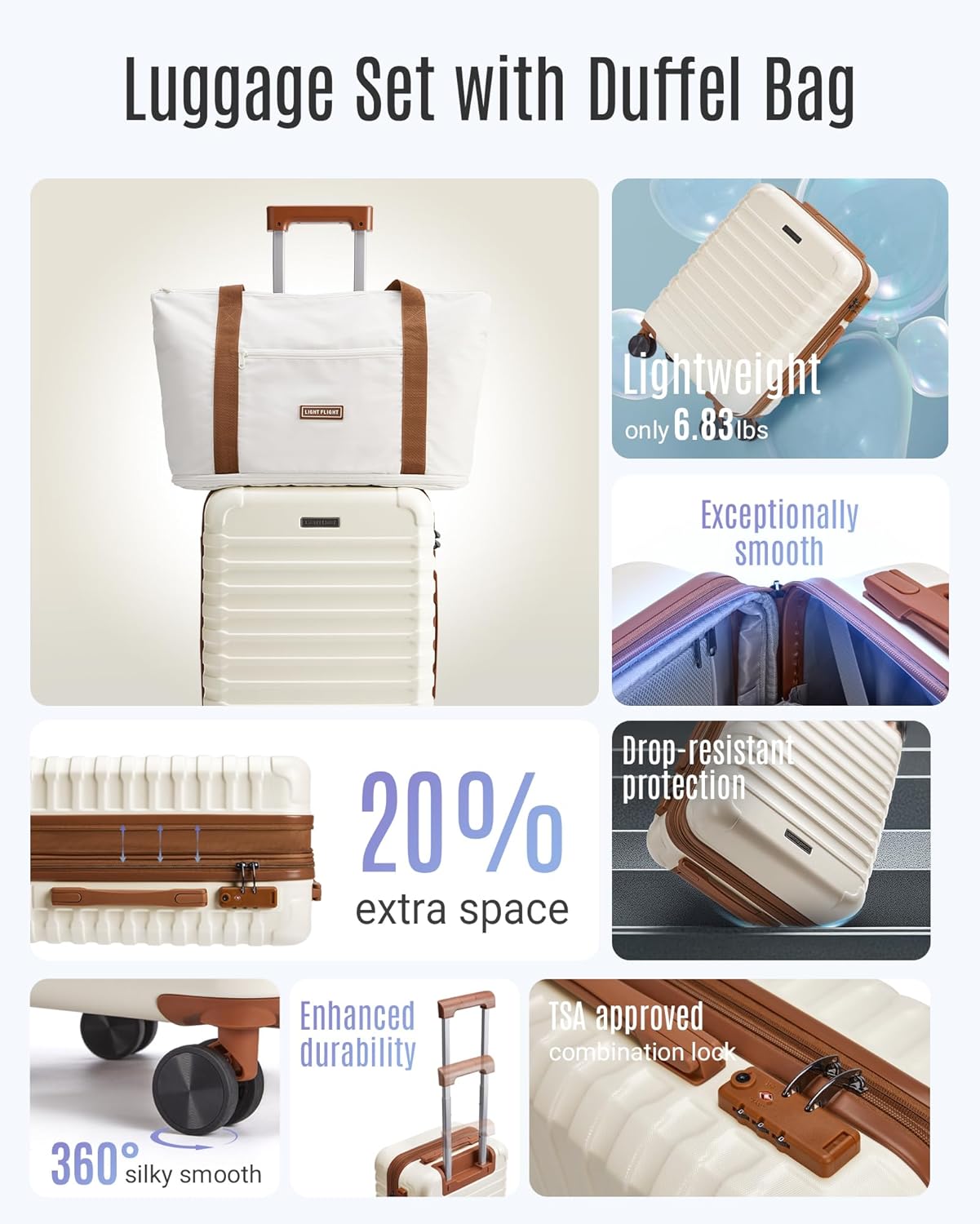 LIGHT FLIGHT Luggage Sets, Carry On Luggage 22x14x9 Airline Approved, Carry On Travel Bag Suitcases with Wheels, Expandable Hardside Lightweight Rolling with TSA Lock 2-Piece Set (DB/20),Beige