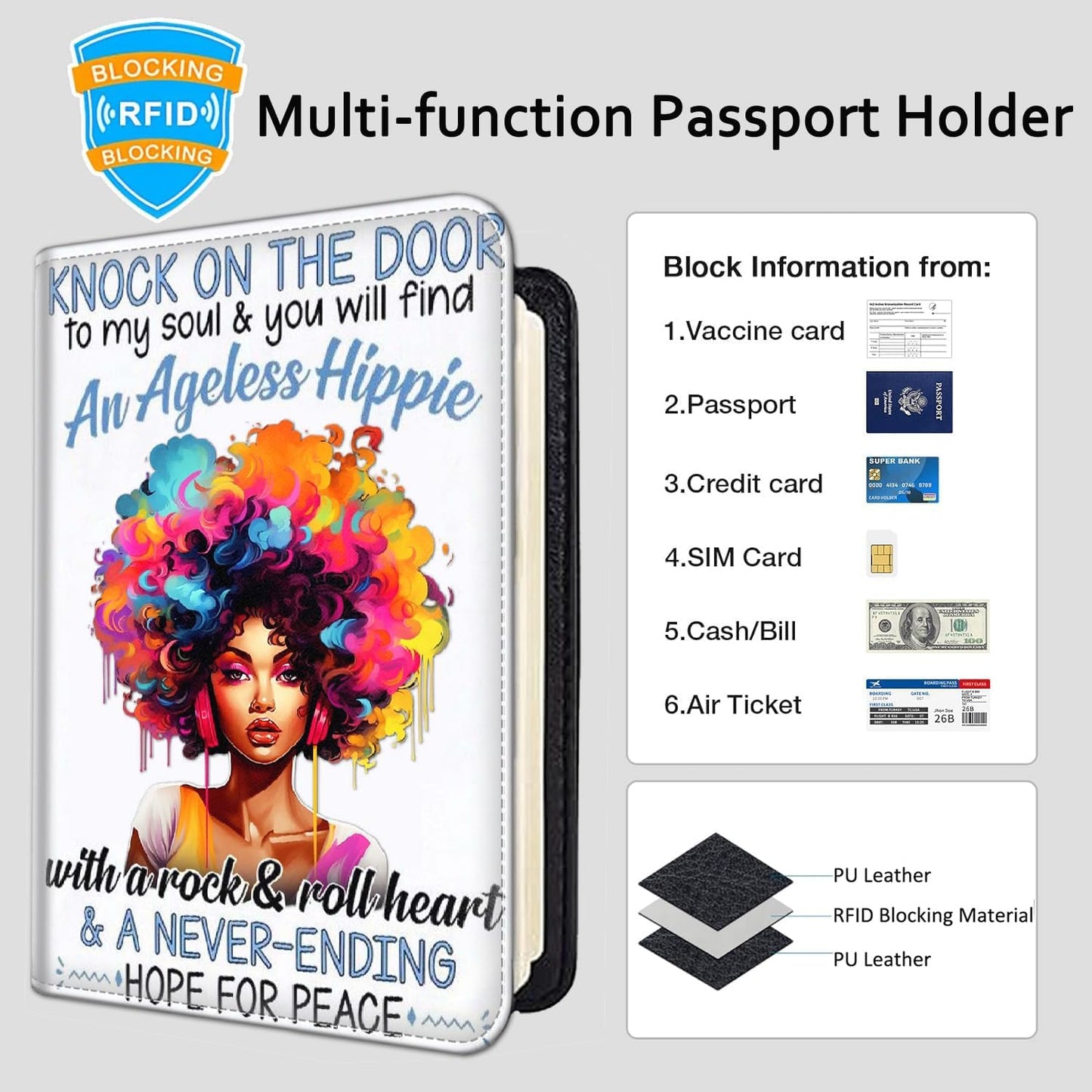 Passport Holder Women Wallet with Luggage Tag, Leather Passport Cover with RFID Blocking, Travel Accessories Multi Card Slot Passport Case for Men，Afro African Girl with Colorful Hair