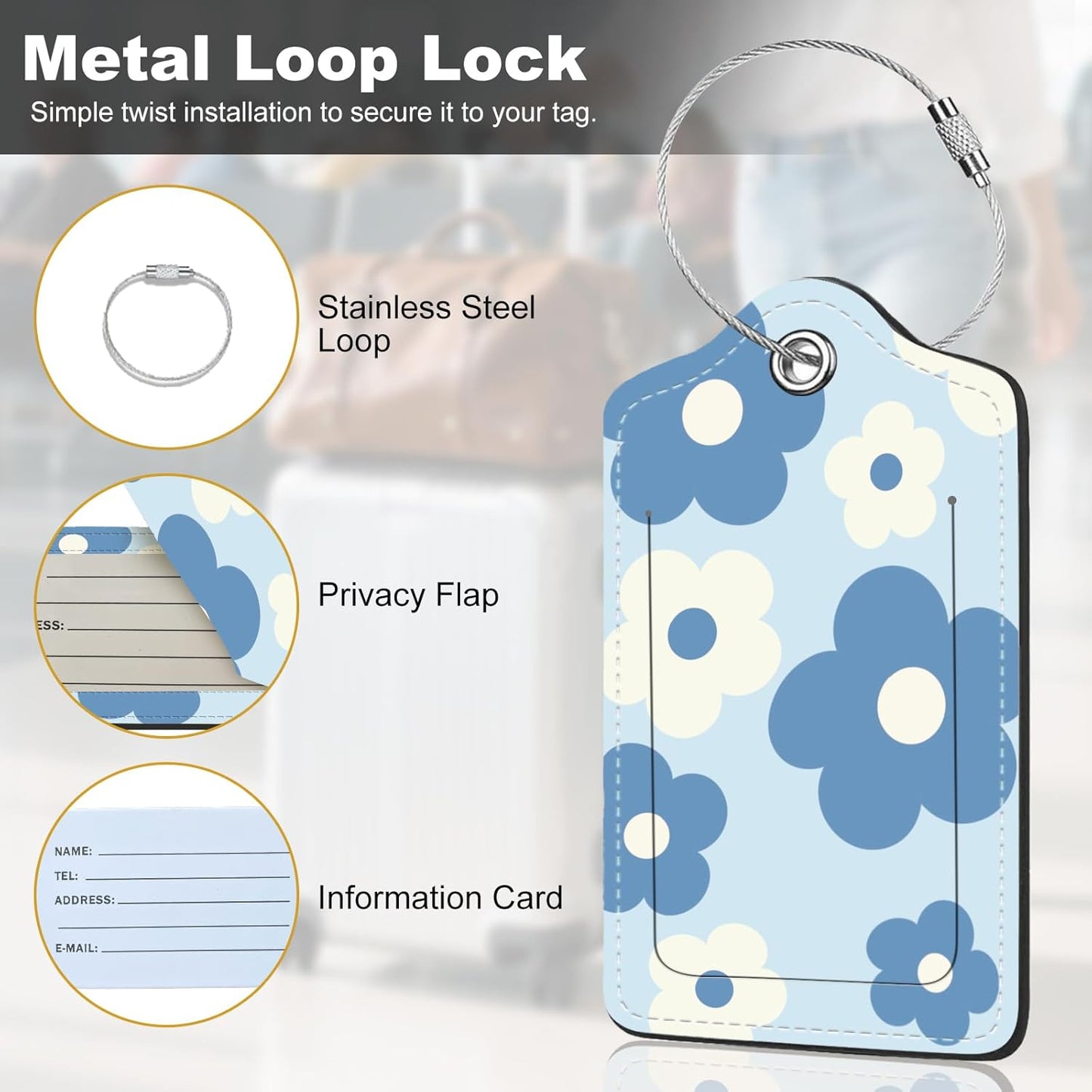2Pack Luggage Tags for Suitcases, Cute Unique Pu Leather Cruise Luggage Tag with Privacy Cover ID Label Address Card and Metal Ring Suitable for Women Men Kids Travel Bag Blue and White Flowers