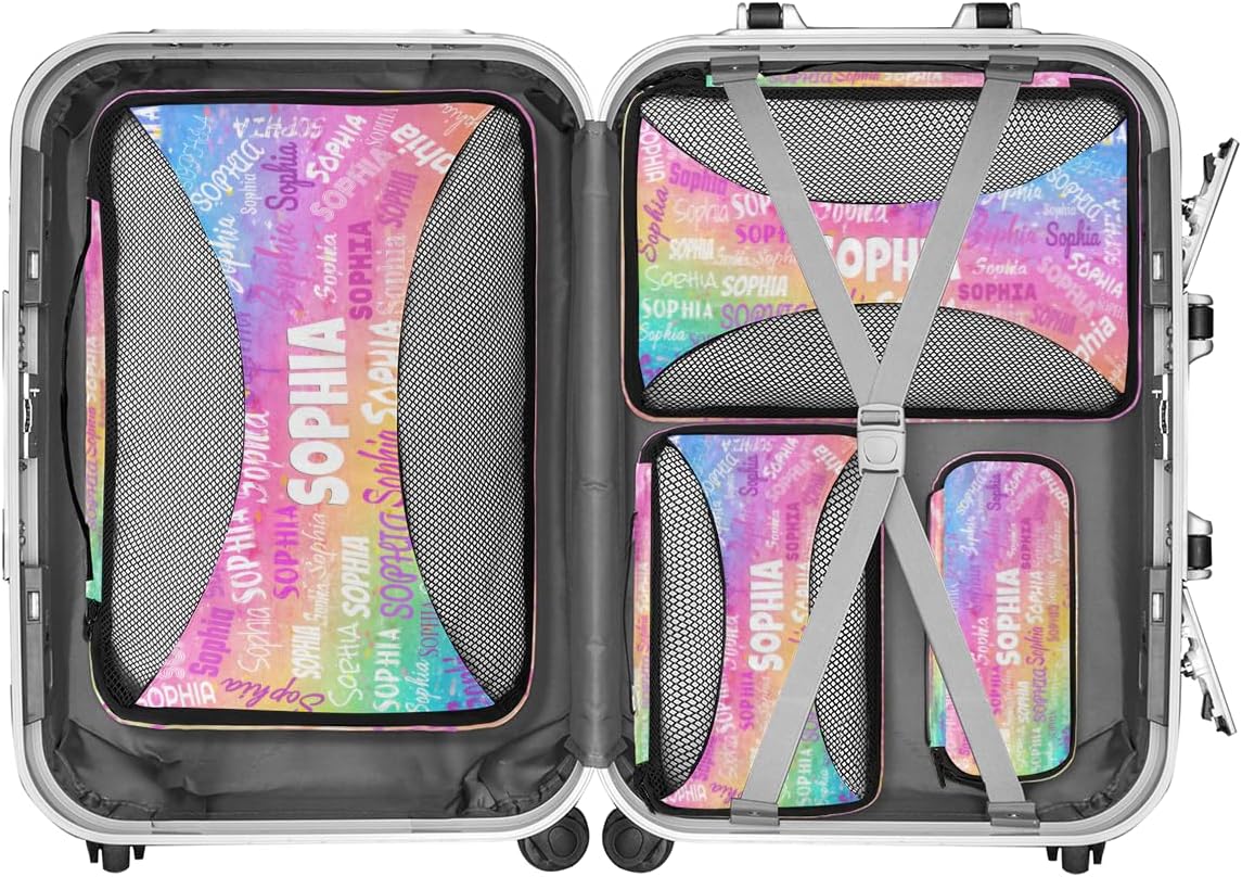 Personalized Name 4 Set Packing Cubes Luggage Packing Organizers Travel Accessories for Women Girls, Colorful Pink Watercolor
