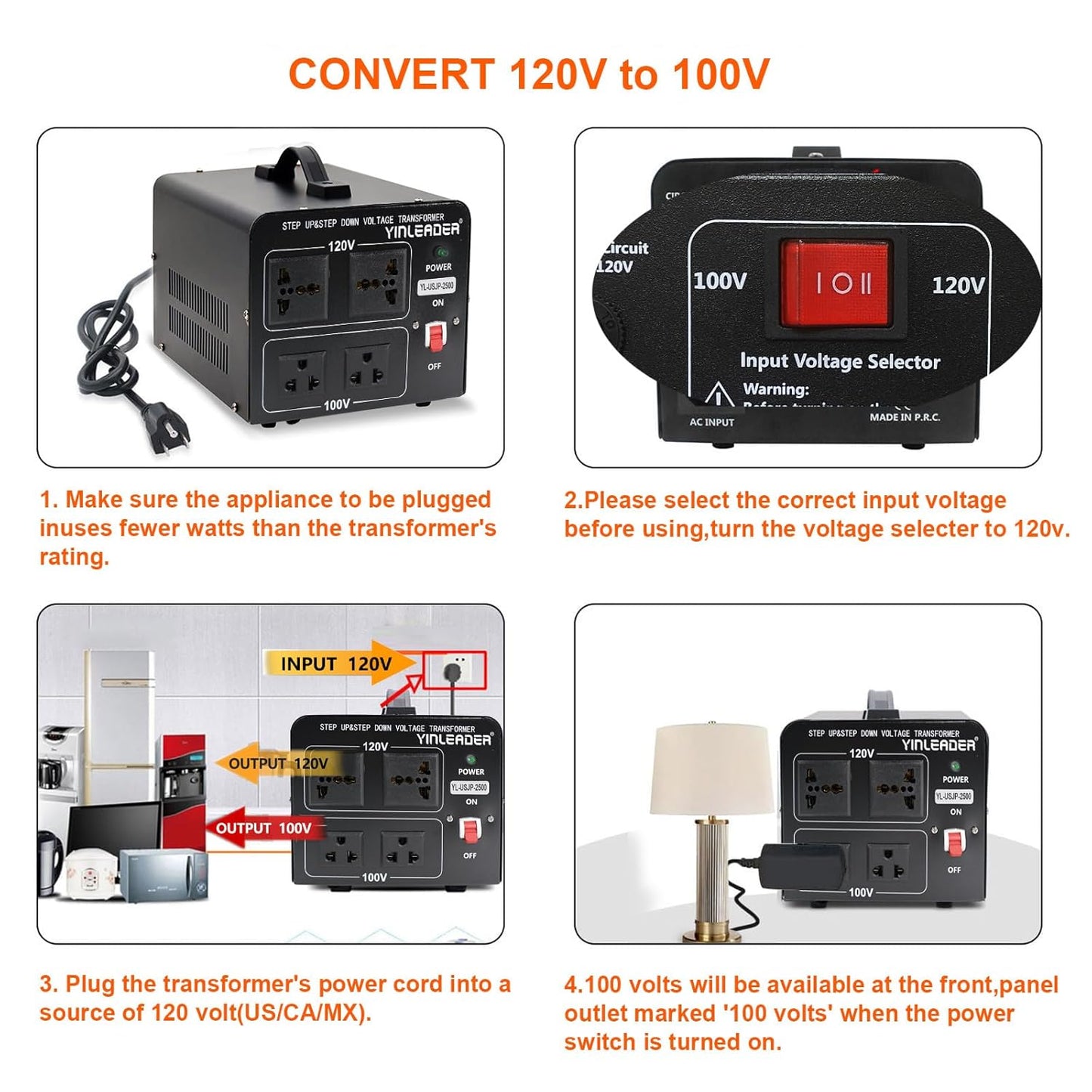 Yinleader Step Down 110V-120V to 100V Japan Voltage Converter or Step Up 100V to 120V 2500W Transformer for Japanese Rice Cooker/Hair Dyer/Blender/Heater/Cleaner/Audio/Grill Equipment, etc.