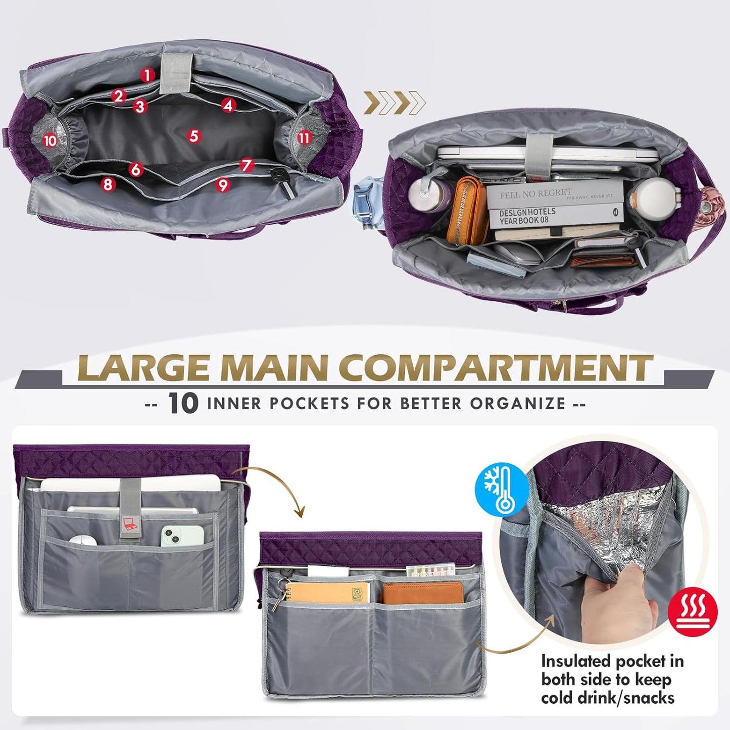 RAINSMORE Teacher Tote Bag 17.3 inch Laptop Bag for Women Work Bags Laptop Tote Nurse Bag Professional Computer Messenger with Insulated Pocket, Laptop Briefcase for Office, College, Dark Purple