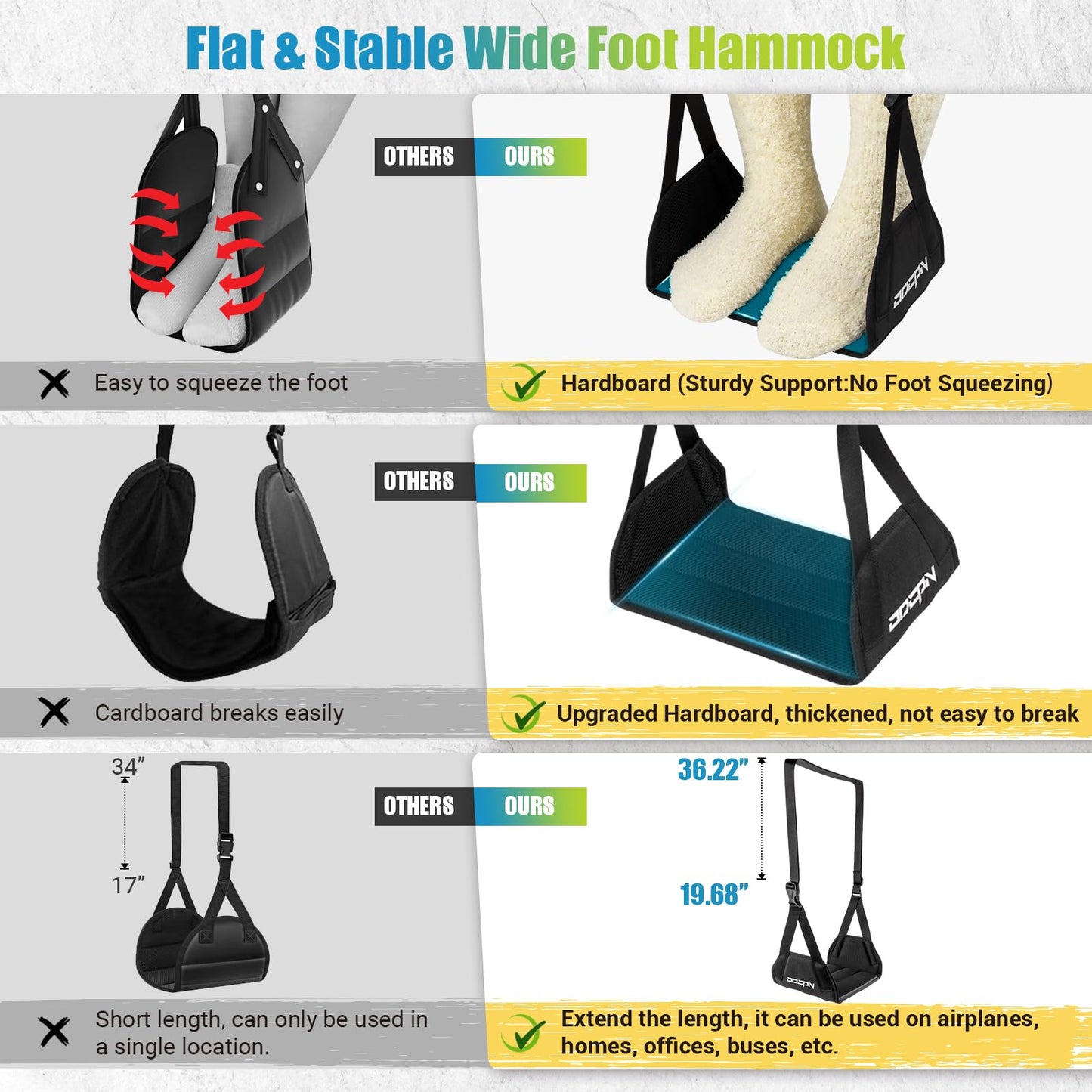 2-Pack Foot Hammock Plane Travel, No Collapse Thickened Bamboo Foot Rest