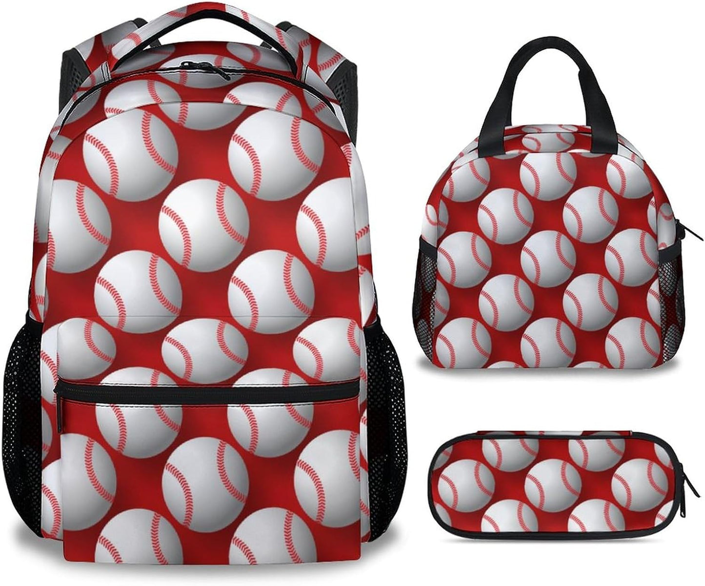 Baseball Backpack with Lunch Box Set for Boys, 3 in 1 School Backpacks Matching Combo, Sports White Bookbag and Pencil Case Bundle