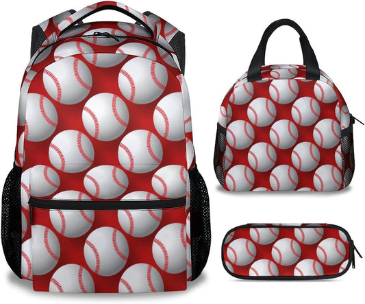 Baseball Backpack with Lunch Box Set for Boys, 3 in 1 School Backpacks Matching Combo, Sports White Bookbag and Pencil Case Bundle