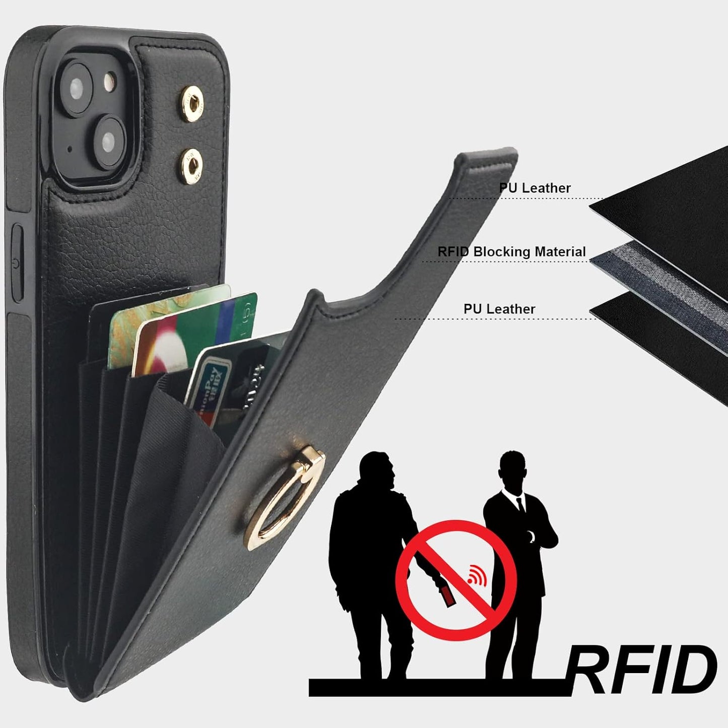 Folosu Compatible with iPhone 14 Plus Case Wallet with Card Holder, 360°Rotation Finger Ring Holder Kickstand, RFID Blocking Leather Protective Double Buttons Shockproof Cover 6.7 Inch Black