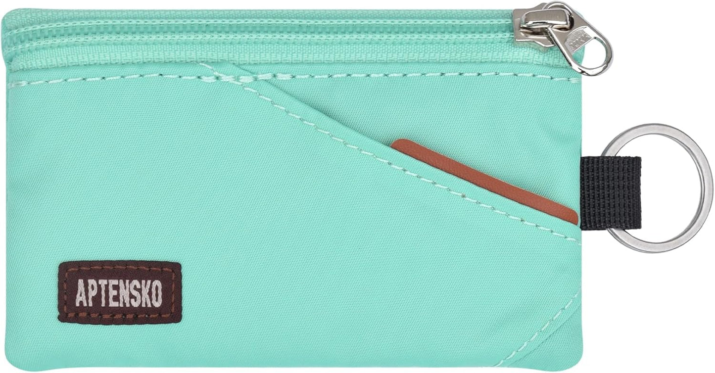 RFID Travel Wallet with Adjustable Lanyard-Zipper Small Wallet with ID Card Holder, Keychain for women&men-Minimalist Slim Waterproof Nylon case for ID, Cash, Key (Mint Aqua)