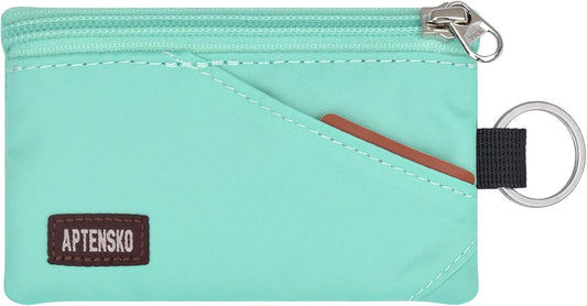 RFID Travel Wallet with Adjustable Lanyard-Zipper Small Wallet with ID Card Holder, Keychain for women&men-Minimalist Slim Waterproof Nylon case for ID, Cash, Key (Mint Aqua)