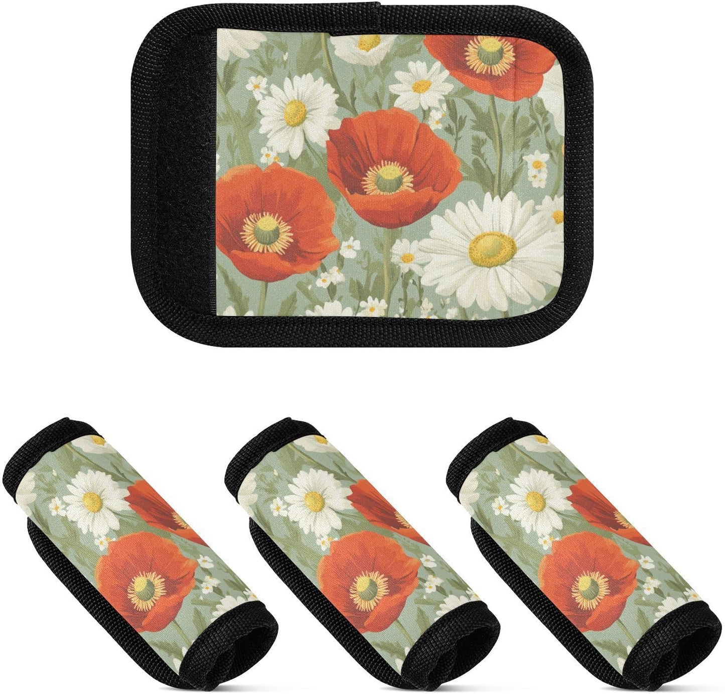 Poppy and Daisy Flowers Green 4 Pack Luggage Handle Wraps Covers for Suitcase Identifiers Bag Tags Travel Accessories