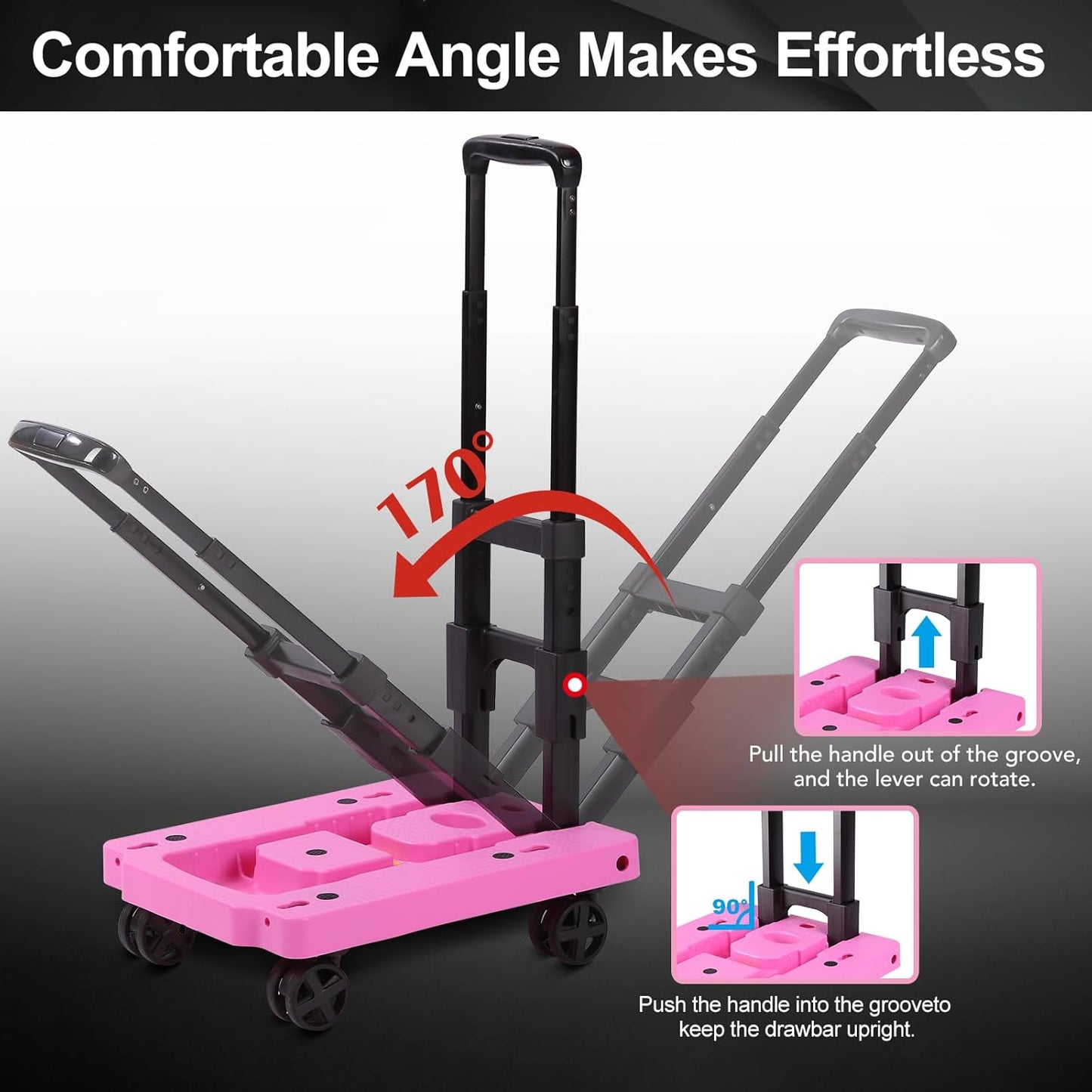 Folding Hand Truck Lightweight Hand Truck Dolly Foldable,Luggage cart with 4 Rotate Wheels, Utility Cart with Adjustable Handle,Collapsible Dolly for Moving -Pink