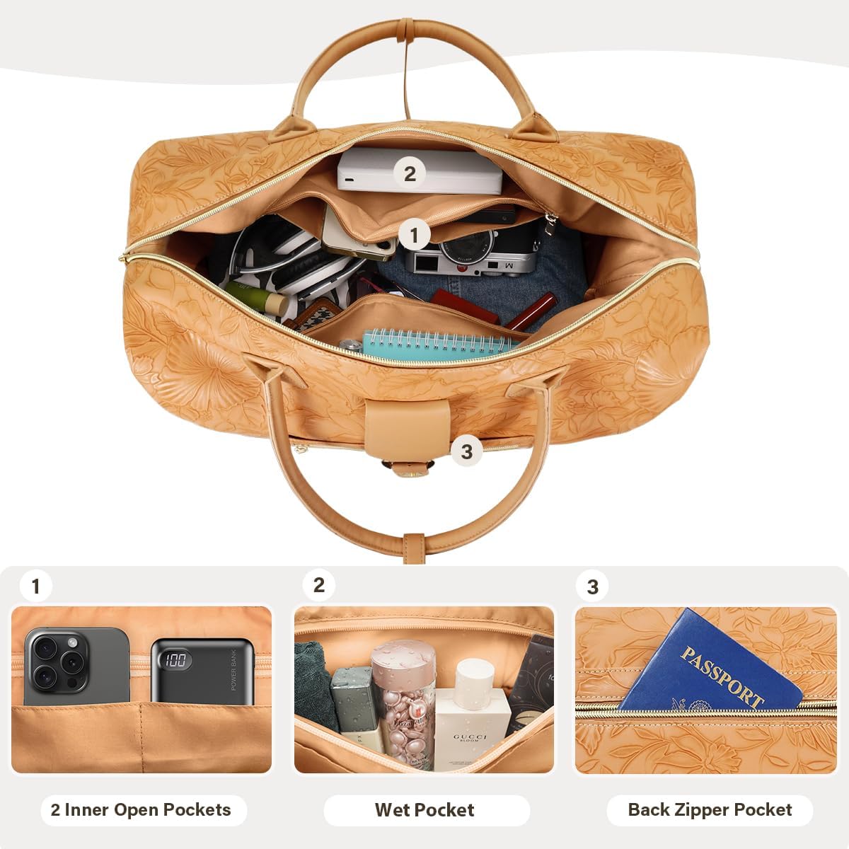 Leather Weekender Bags for Women, Travel Duffel Bag PU Overnight Bag Carry On Tote Bag with Shoe