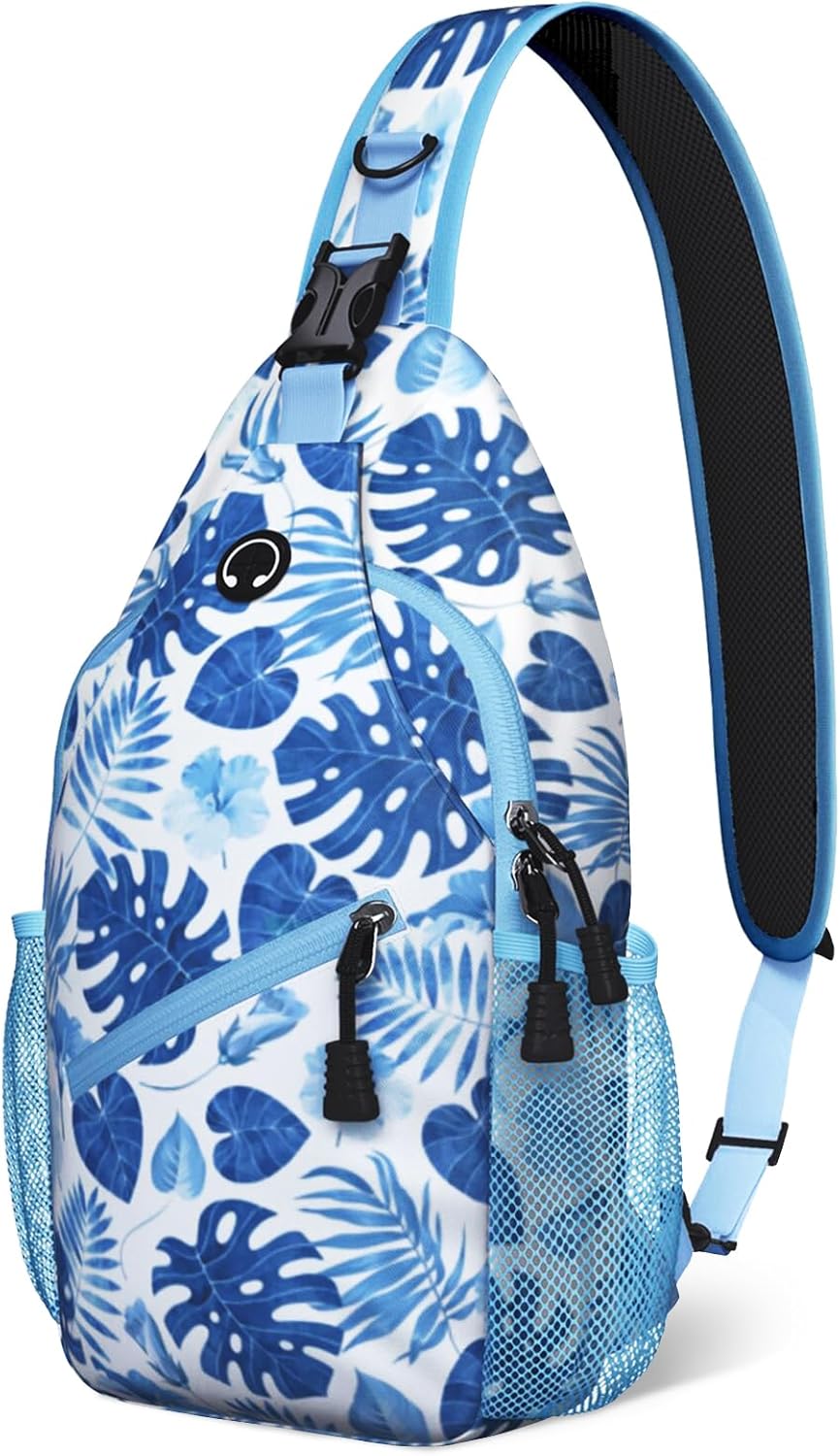 Blue Tropical Leaves Sling Bag Crossbody Chest Bag for Women Men, Water Resistant Lightweight Casual Crossbody Bag with Adjustable Strap, Travel Hiking Daypack Shoulder Backpack