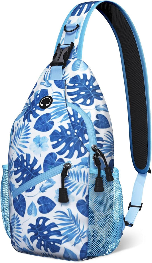 Blue Tropical Leaves Sling Bag Crossbody Chest Bag for Women Men, Water Resistant Lightweight Casual Crossbody Bag with Adjustable Strap, Travel Hiking Daypack Shoulder Backpack