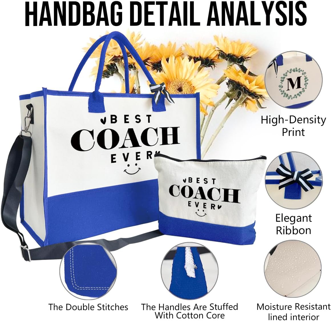 SUSZDOU Gifts for Best Coach Ever - Canvas Beach Tote Bag with Matching Makeup Pouch, Durable Travel Gym Camping Bag, Thank You Gift for Sports Coach, Female Trainers Gifts for Women G1