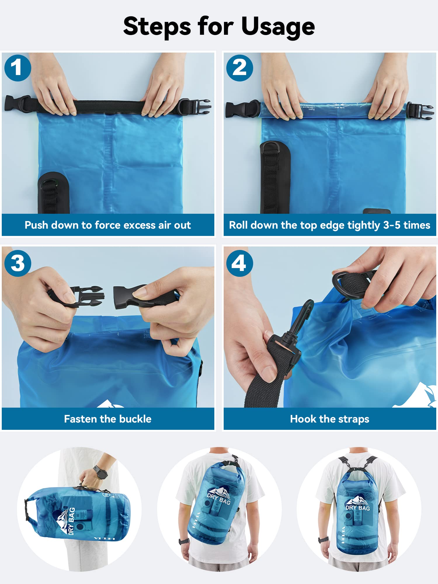 HEETA Dry Bag Waterproof for Women Men, Roll Top Lightweight Dry Storage Bag Backpack with Phone