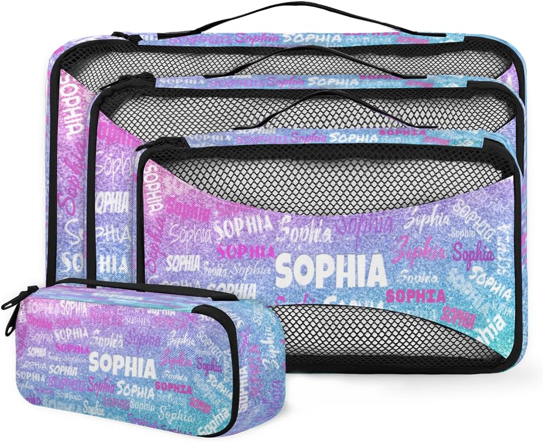 4pc Personalized Name Packing Cubes for Travel - Luggage Packing Organizers - Travel Packing Cubes for Suitcases, Dreamy Glittery Effect, Colorful Names