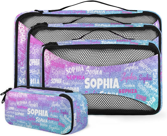 4pc Personalized Name Packing Cubes for Travel - Luggage Packing Organizers - Travel Packing Cubes for Suitcases, Dreamy Glittery Effect, Colorful Names