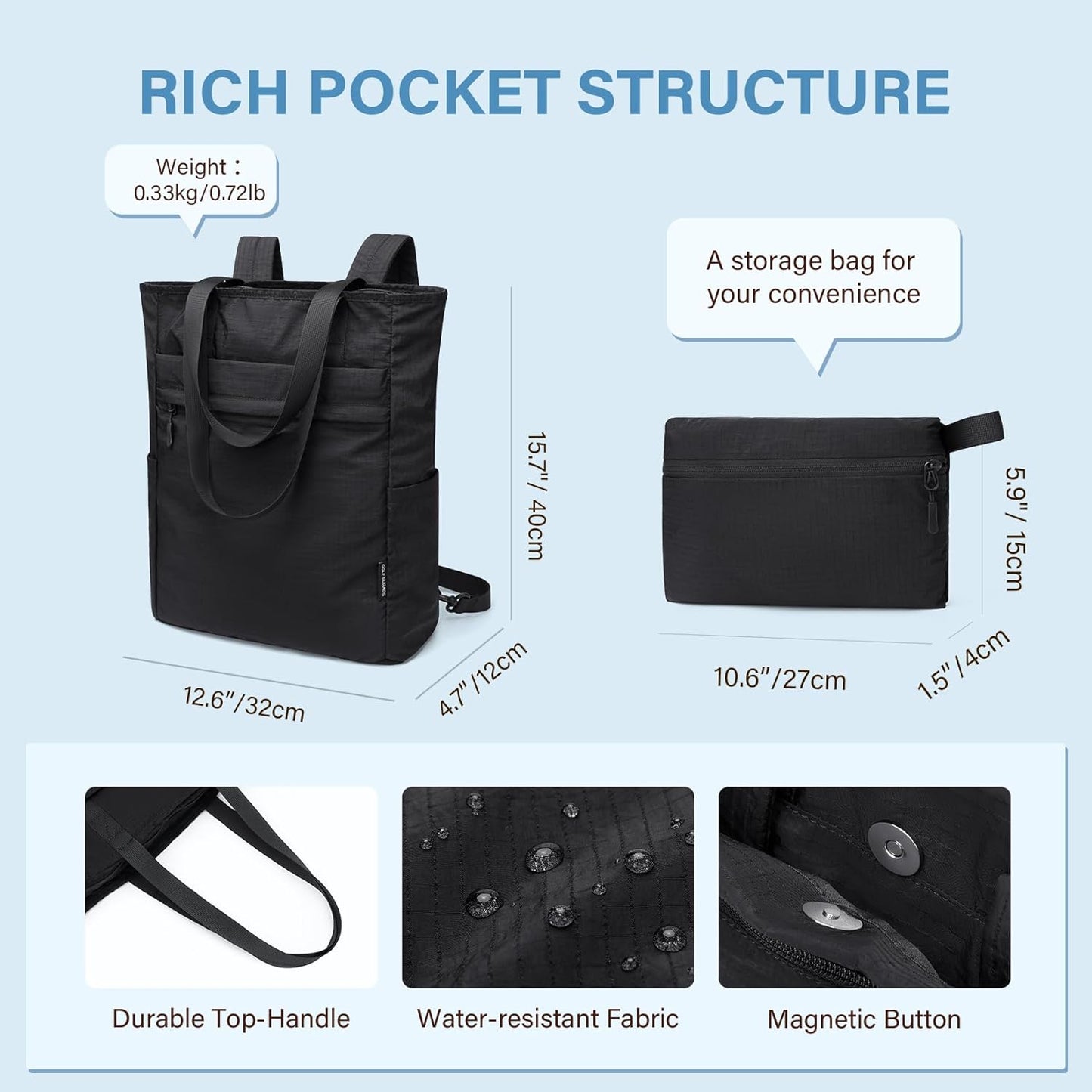 GOLF SUPAGS Foldaway Convertible Tote Backpack Lightweight Nylon Daypack Women Men City Pack Versatile Backpack Leisure, Black