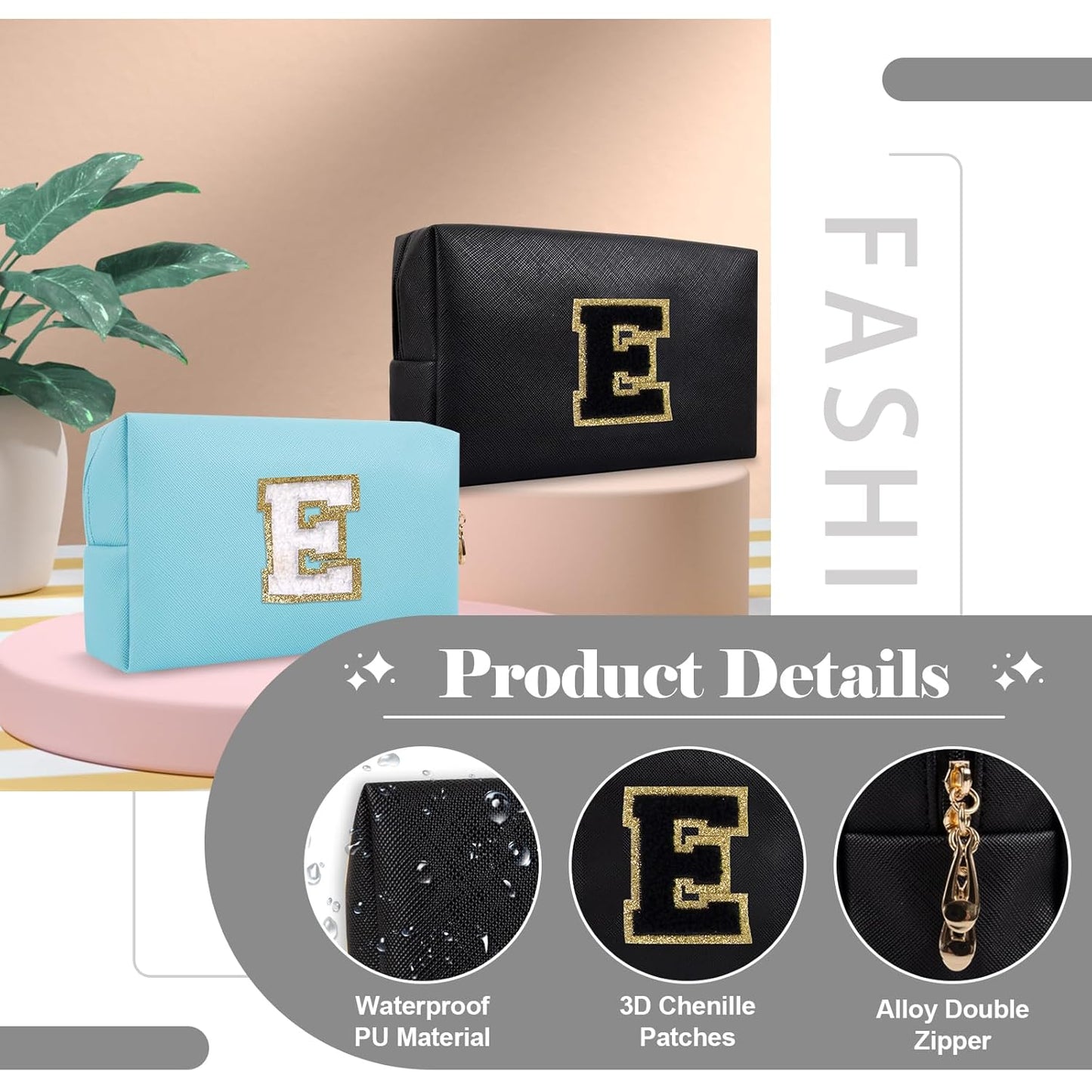 Personalized Initial A-Z Preppy Patch Makeup Bag,Small PU Chenille Letter Cosmetic Bag with Zipper for Teen Girls,Black Cute Toiletry Organizer Bag,Monogram Makeup Case Gift for Women Girls,Letter E