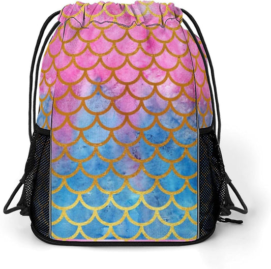 Mermaid Drawstring Backpack Gym Bag With Shoe Compartment String Bag Sport Beach Swimming Sackpack For Women Men