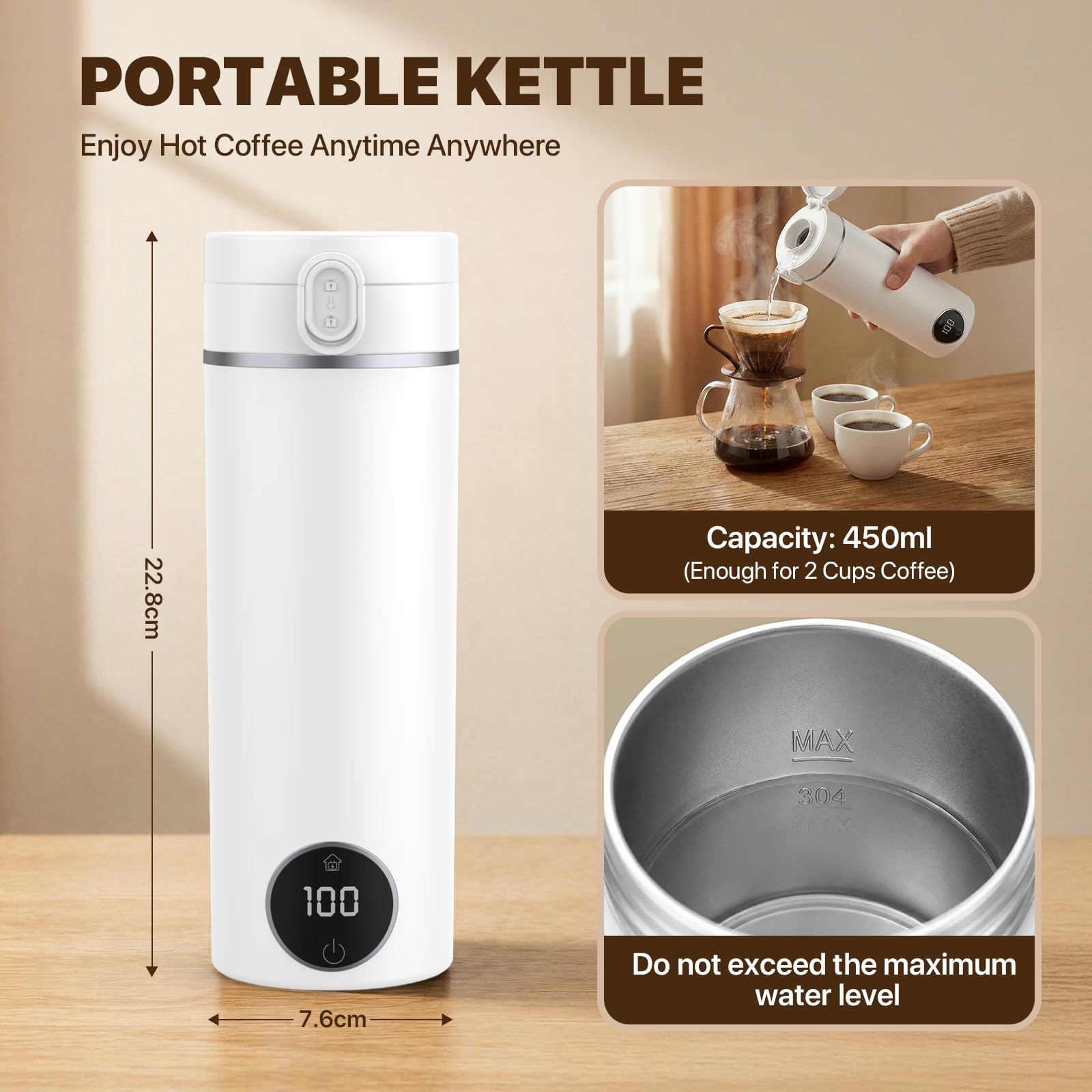 Portable Travel Electric Tea Kettle,6 Preset Temp Plug-in Keep Warm,15 OZ Small Hot Water