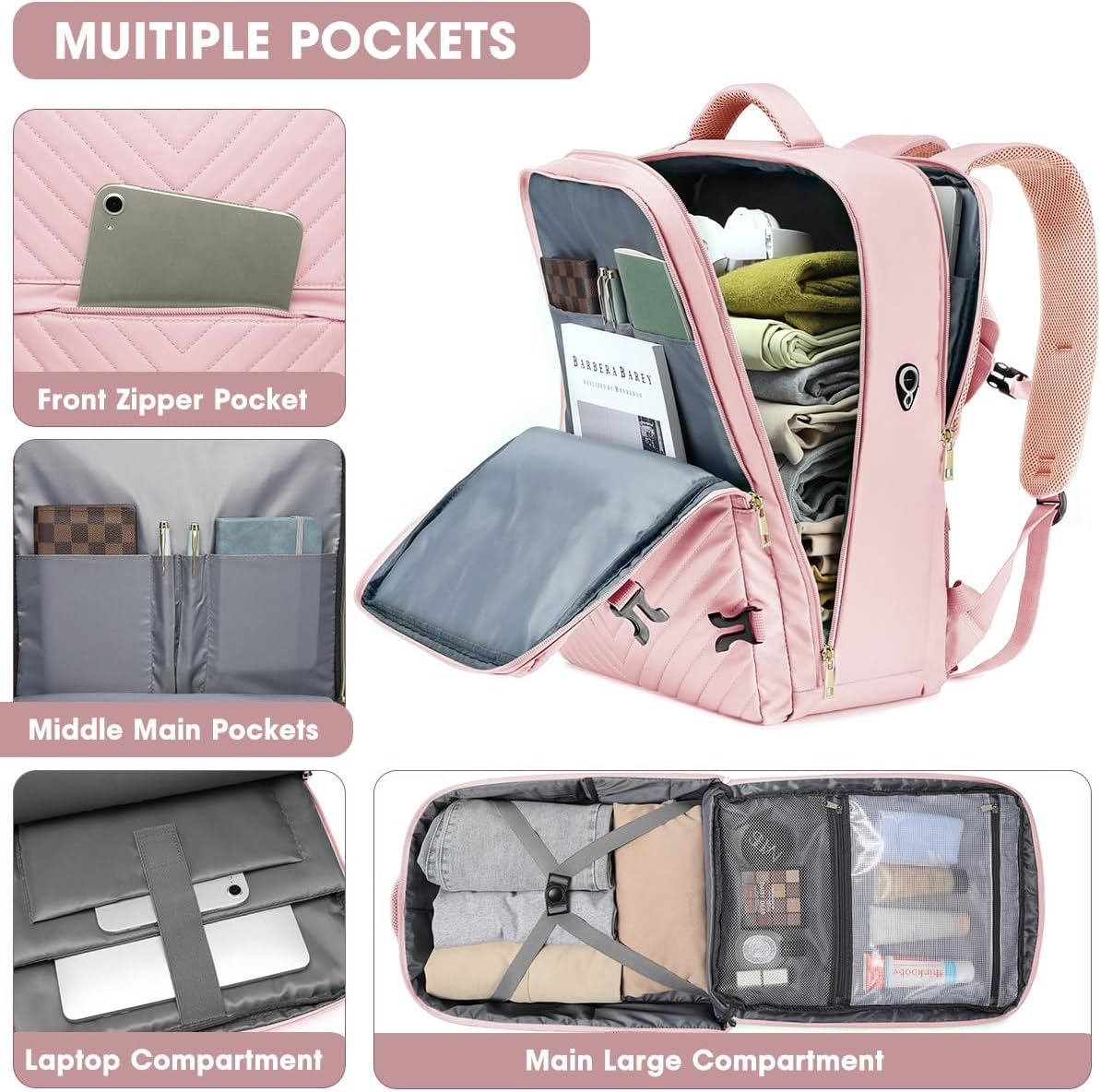 Large Carry On Travel Backpack - Flight Approved Waterproof Luggage Suitcase Backpacks Personal Item Size for Women Men Fit 17 Inch Laptop College Overnight Bag Anti-Theft Weekender Daypack Pink