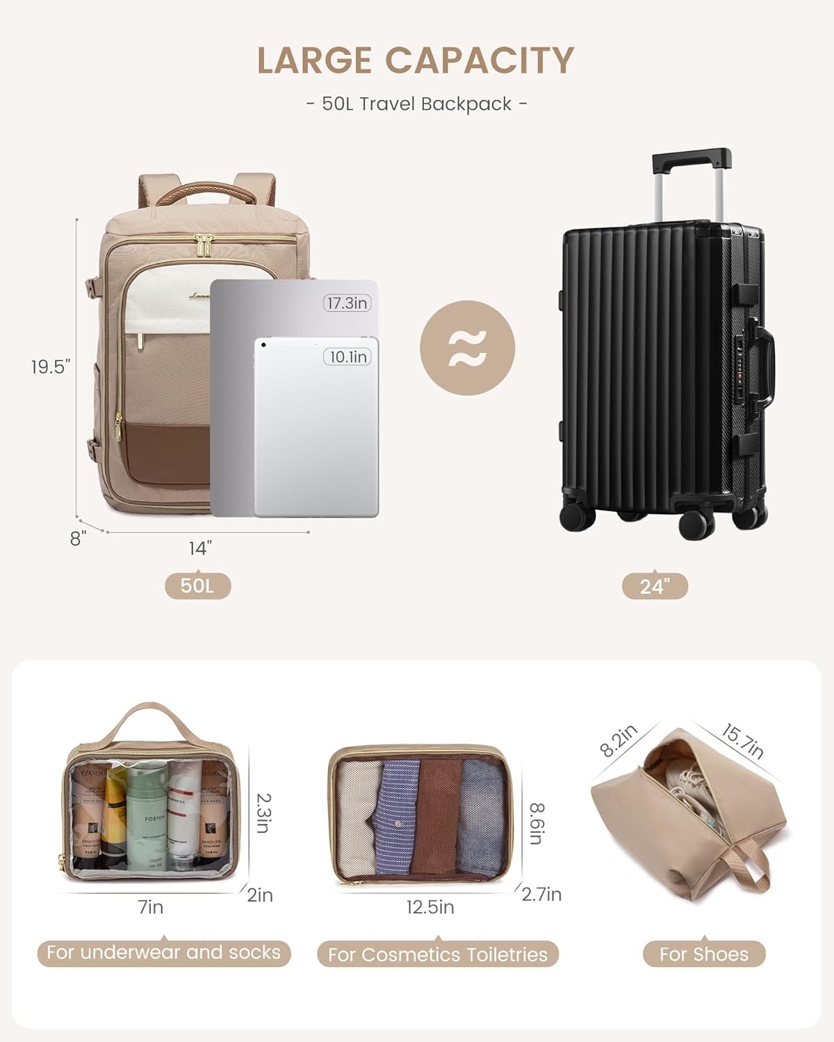 LOVEVOOK 50L Travel Backpack for Women, TSA Approved Carry On Backpack with 3 Packing Cubes