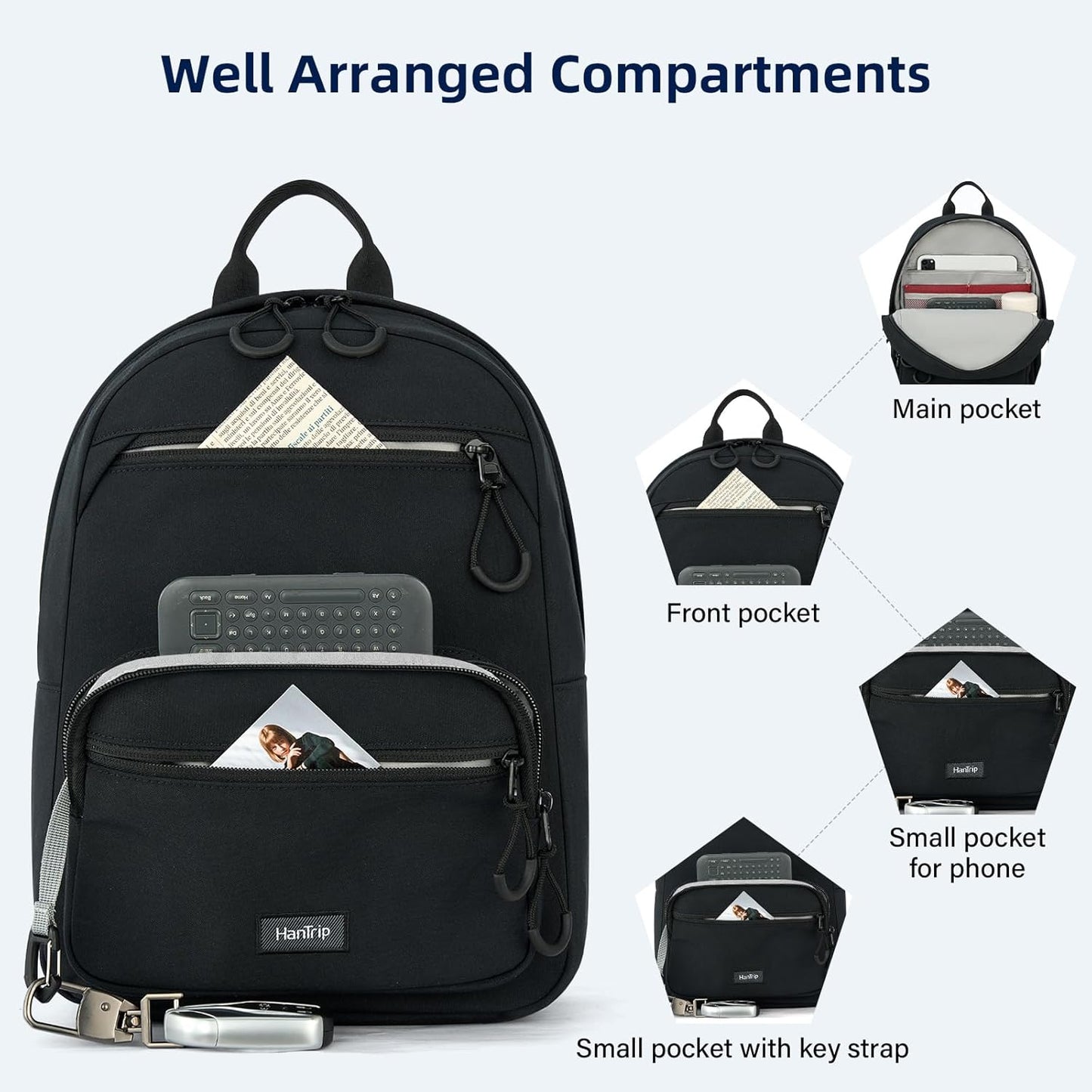 Carry On Travel Backpack For Men Women, 13 Inch Small Mini Work Bag Personal Item Backpacks, Camping Back Pack Lightweight Hiking Daypack For Office Nurse Commuter (Black)