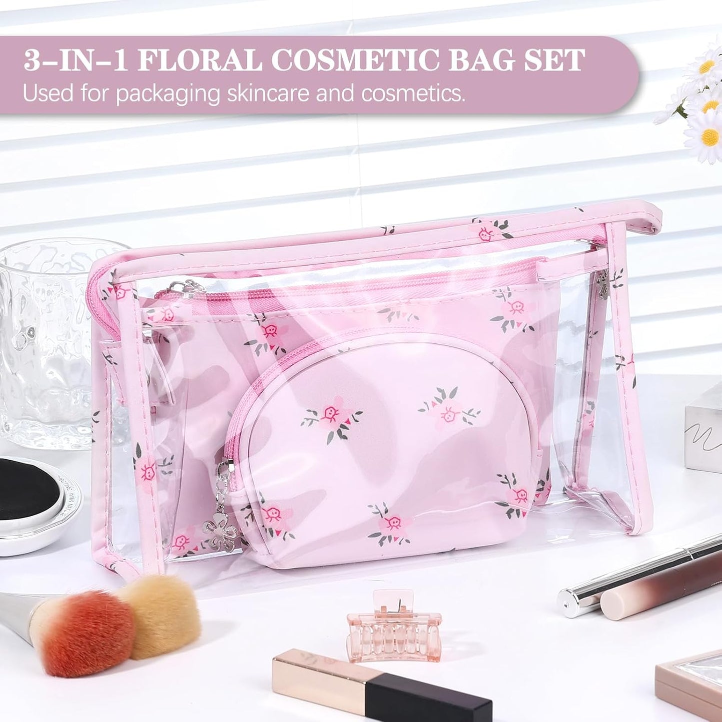 Richeart Makeup Bag, Clear Bag with Zipper, 3PC Floral Flowers Makeup Pouch, Waterproof Small Pouch, Portable Travel Toiletry Bag, A