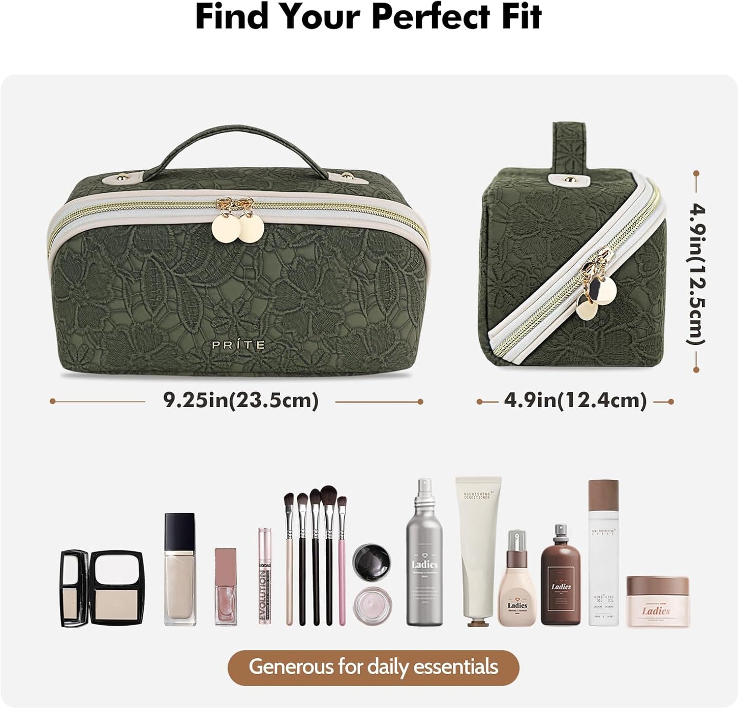 Prite Travel Cosmetic Bag Makeup Organizer Bag For Women Large Capacity Waterproof PU Leather Toiletry Bag with Handle and Clear Divider(Green Flower)