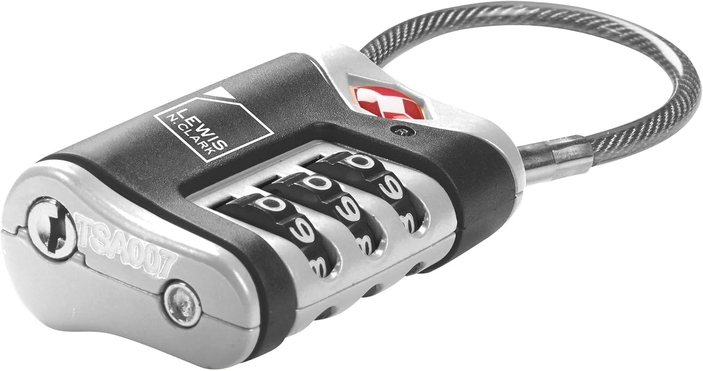 Lewis N. Clark TSA Approved Luggage Lock + Steel Cable for Suitcase, Carry On, BackPack, Laptop Bag + Purse, Perfect For Airport, Hotel or Gym - Set + Reset Your Own Combo, Black