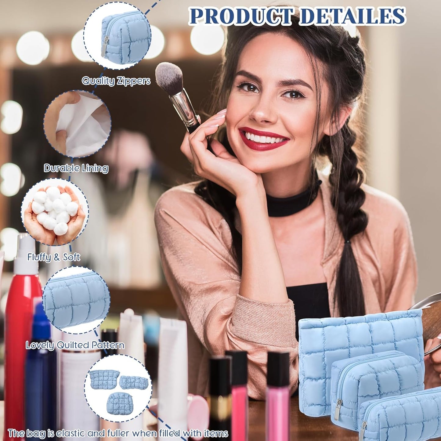 3 Pcs Puffy Makeup Bag Quilted Cosmetic Pouch for Women Cute Checkered Travel Toiletry Bag Puffer Makeup Organizer Purse Pouch Preppy Pencil Case with Zipper