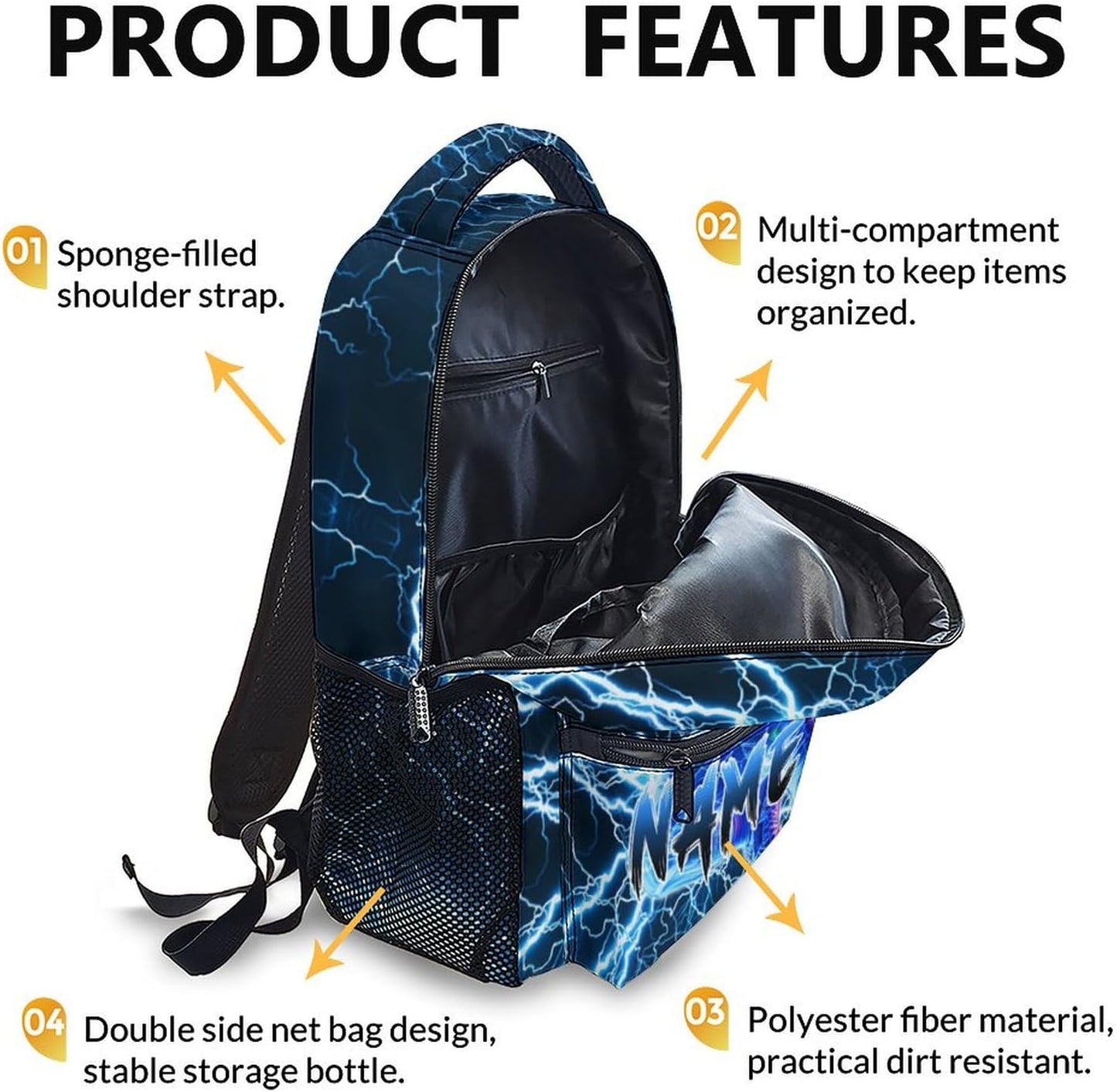 Boys School Backpack, Personalized Football Backpacks for Kids Kindergarten Senior Middle, 17 Inch Lightweight Lightning Bookbag with Custom Name, Cool Back to School Gift