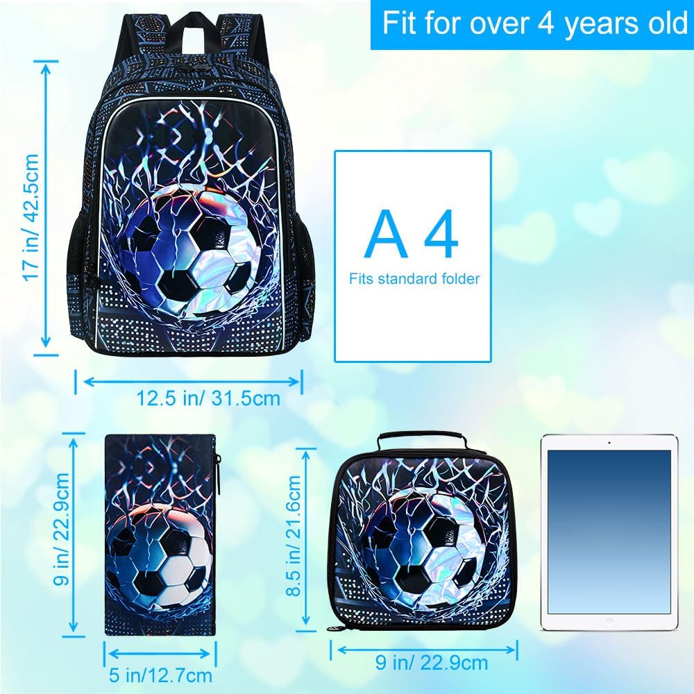3Pcs Soccer Backpack for Boys, 17" Kids School Bookbag with Lunch Box, Football Backpacks Set for