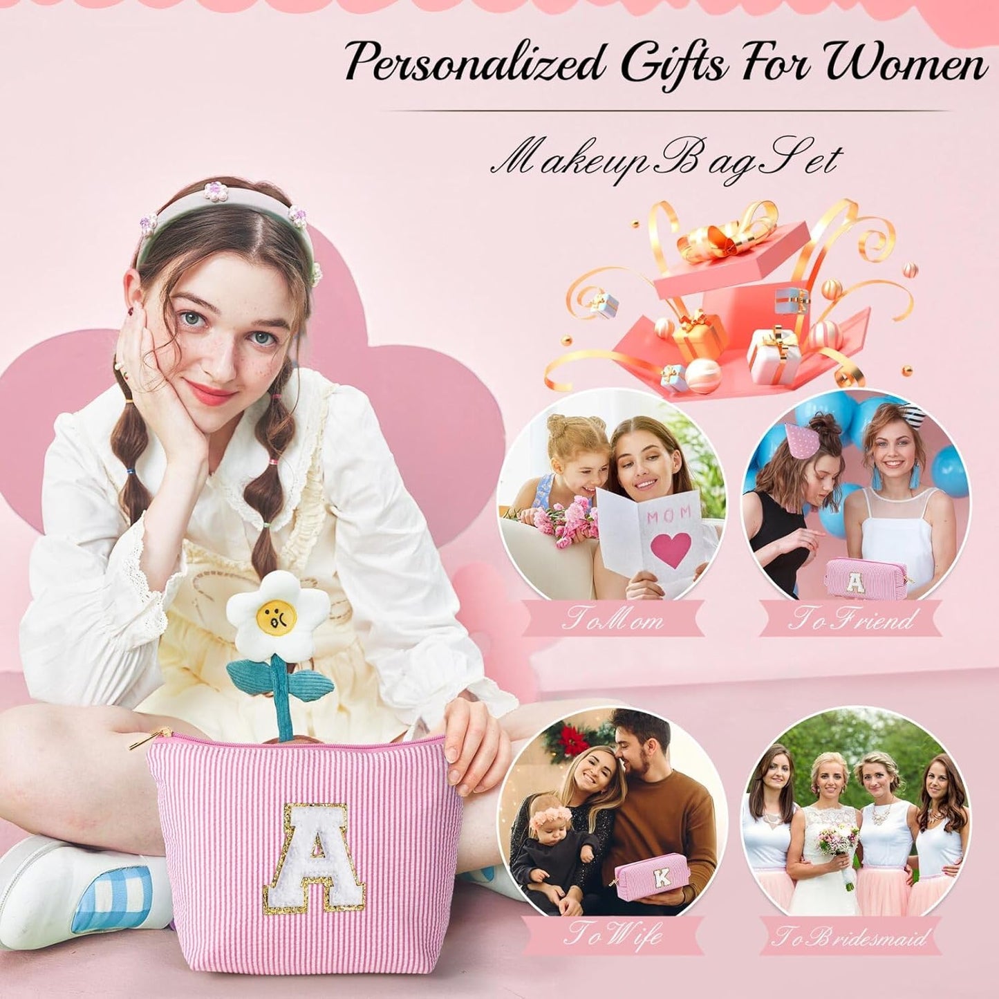 YOOLIFE Personalized Makeup Bag for Women - Monogram Cosmetic Bag Travel Toiletry Bag Brush Holder