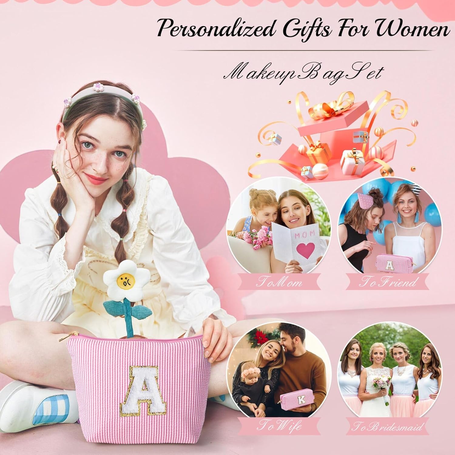 YOOLIFE Mom Birthday Gifts for Women, Personalized Monogram Makeup Bag Cosmetic Bag Travel Toiletry