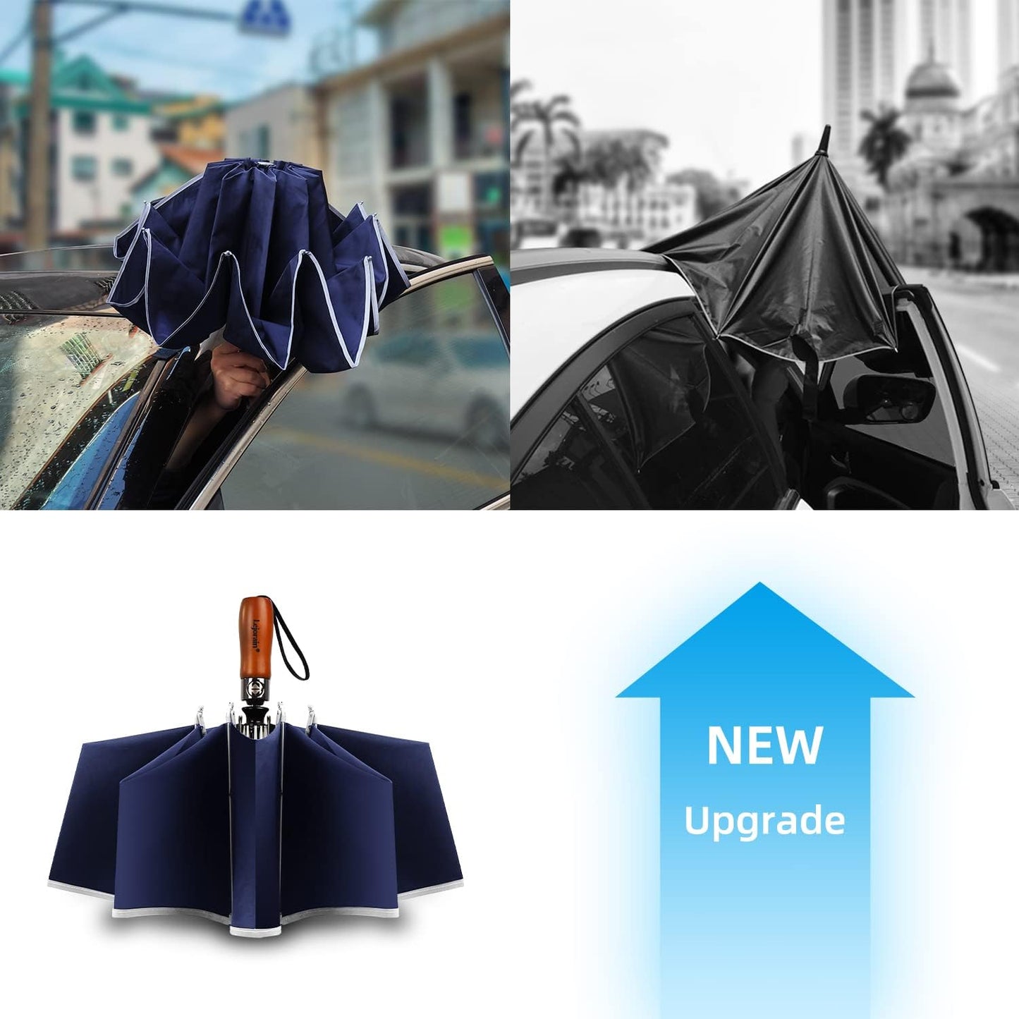 Lejorain Golf Large Inverted Umbrella - Black Big Windproof Heavy Duty Upside Down 46/50/54 Inch Compact Reverse Car Automatic Folding Reflective Umbrella
