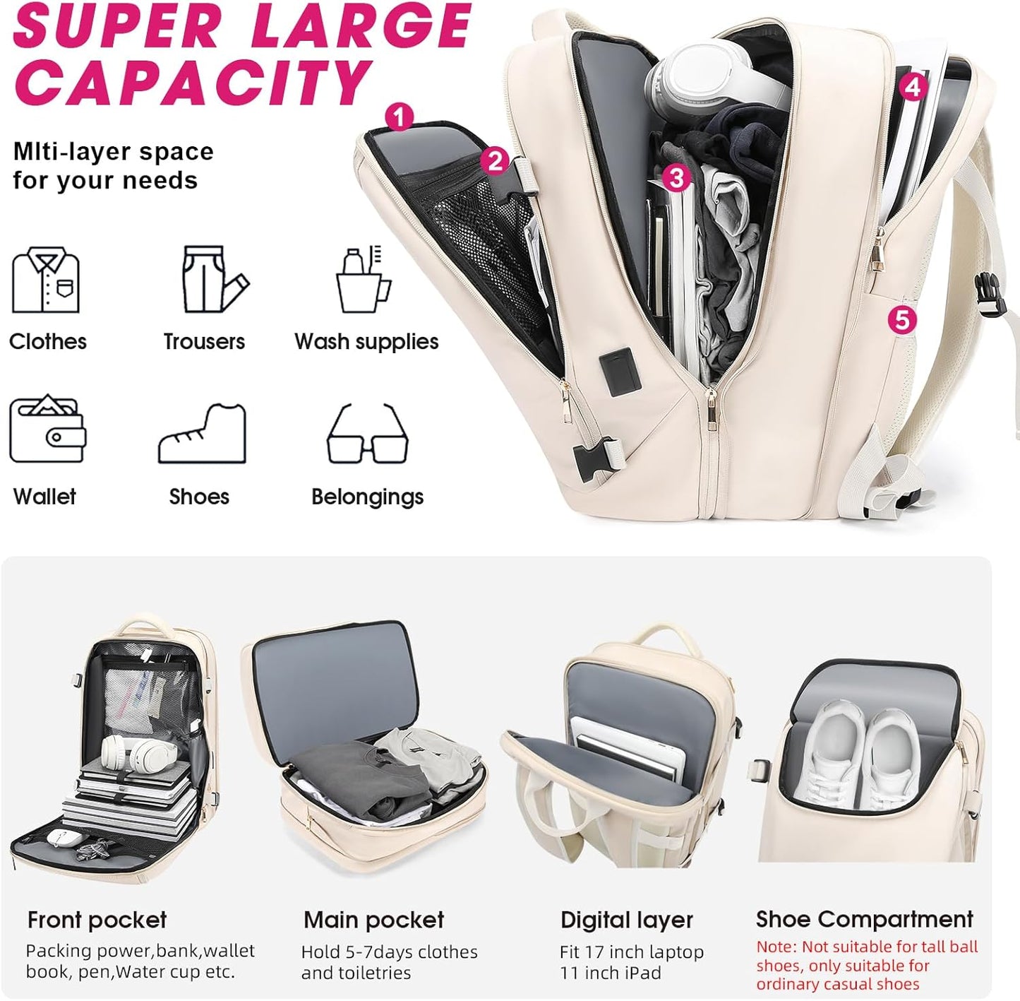 Travel Backpack for Women, 50L Extra Large Capacity Backpack with USB Charging Port, Expandable 17.3 inch Laptop Backpack Mochila Flight Approved, Casual Daypack for Weekender,Beige