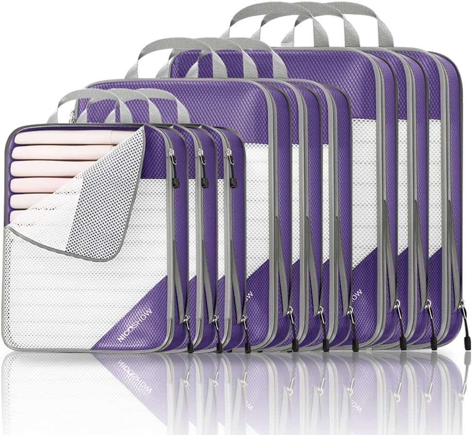 9 Set Compression Packing Cubes for Travel - Compressible, Lightweight, and Space-Saving Packing Cubes, Travel Essentials for Women, Purple