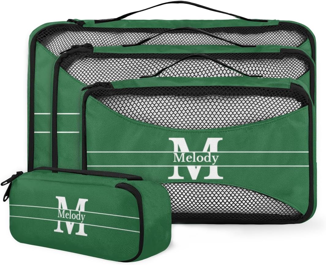 Custom Name Compression Packing Cubes Luggage Organizer Bags for Travel, Forest Green with Initial Letter Double Zipper Packing Cubes for Suitcases for Men Boys