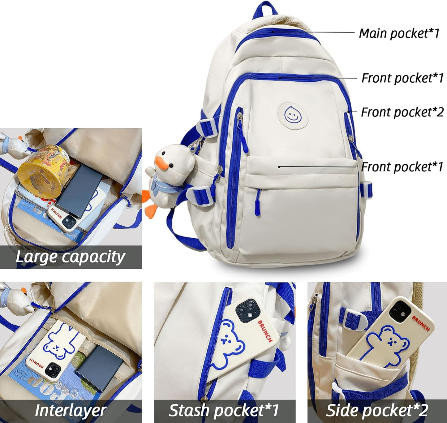 Teclado Kawaii Backpack with Cute Accessories Lightweight Bookbags Laptop Bag Waterproof Casual Travel Daypacks (Bear)